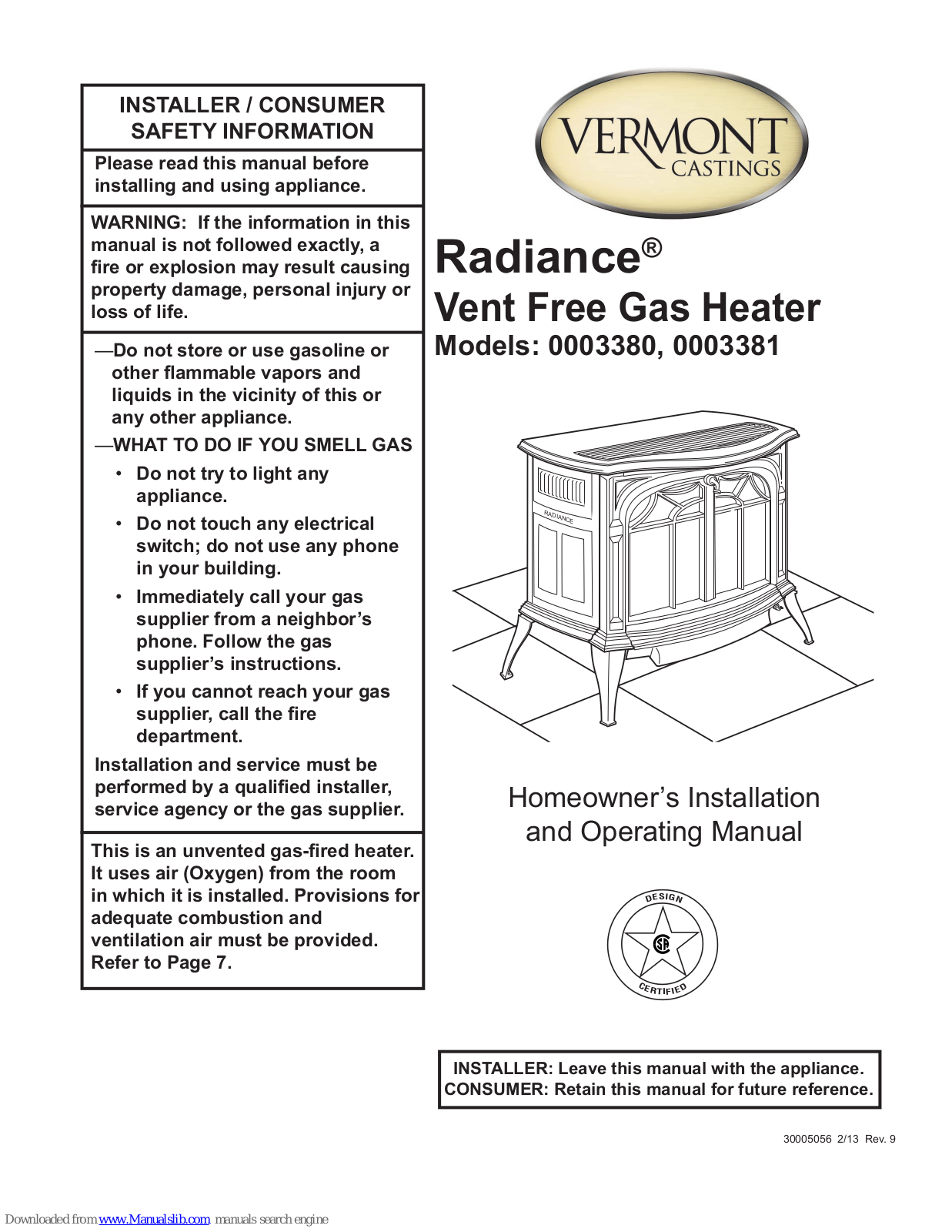 Vermont Castings 0003380, 3381 Operating Manual