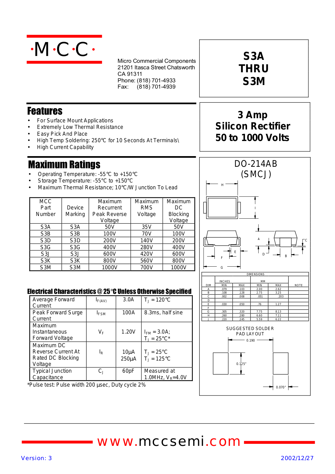 MCC S3B, S3A, S3D, S3J, S3K Datasheet