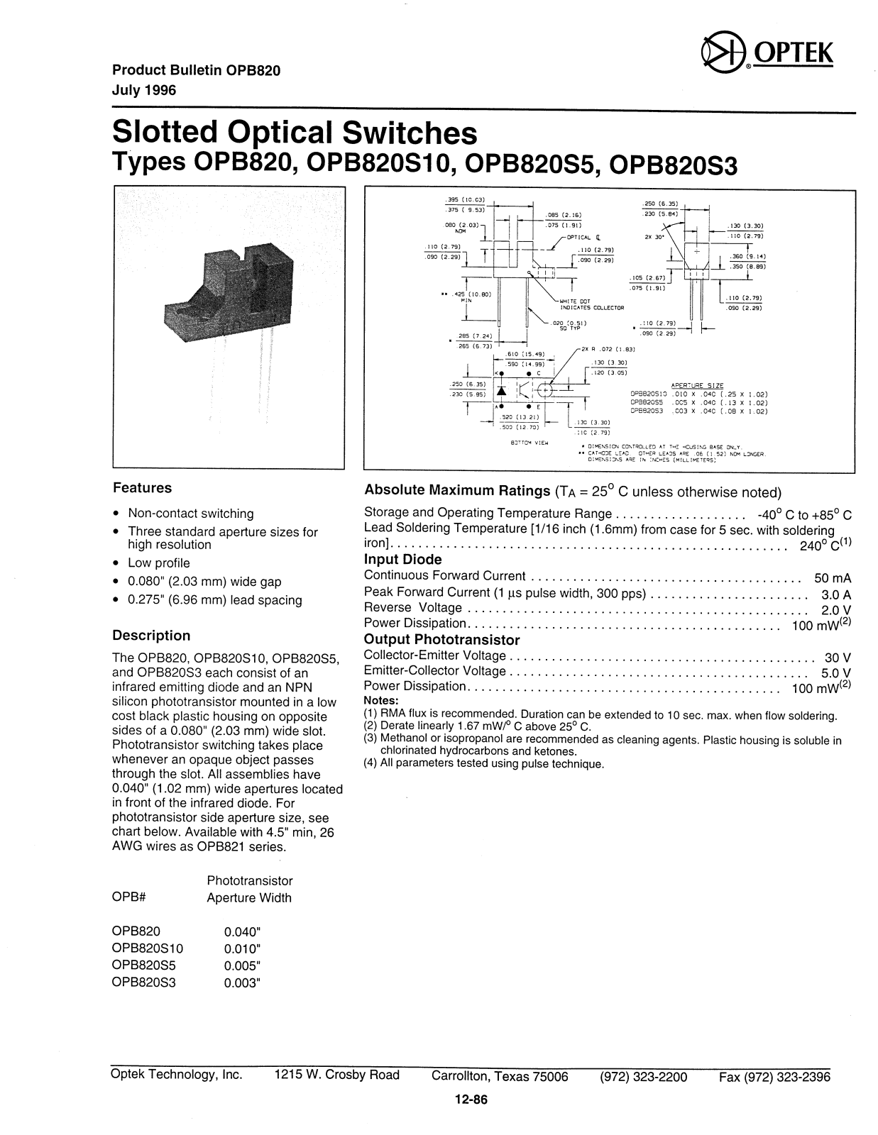 OPTEK OPB820S5, OPB820S3, OPB820, OPB820S10 Datasheet