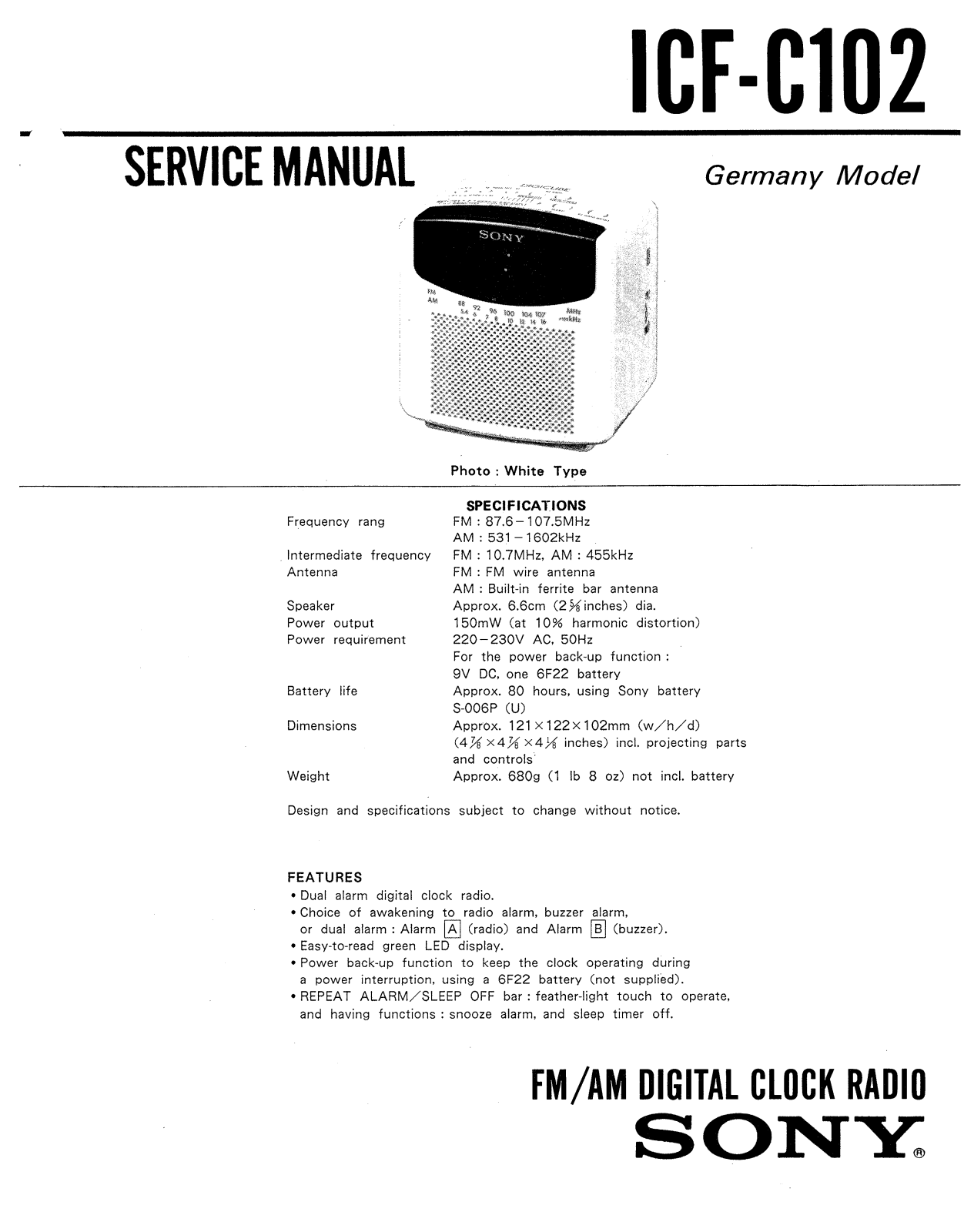 Sony ICFC-1012 Service manual