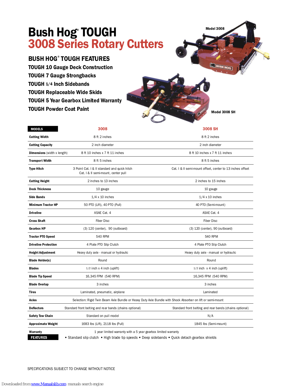 Bush Hog 3008 SH, TOUGH 3008, TOUGH 3008 SH Specification Sheet