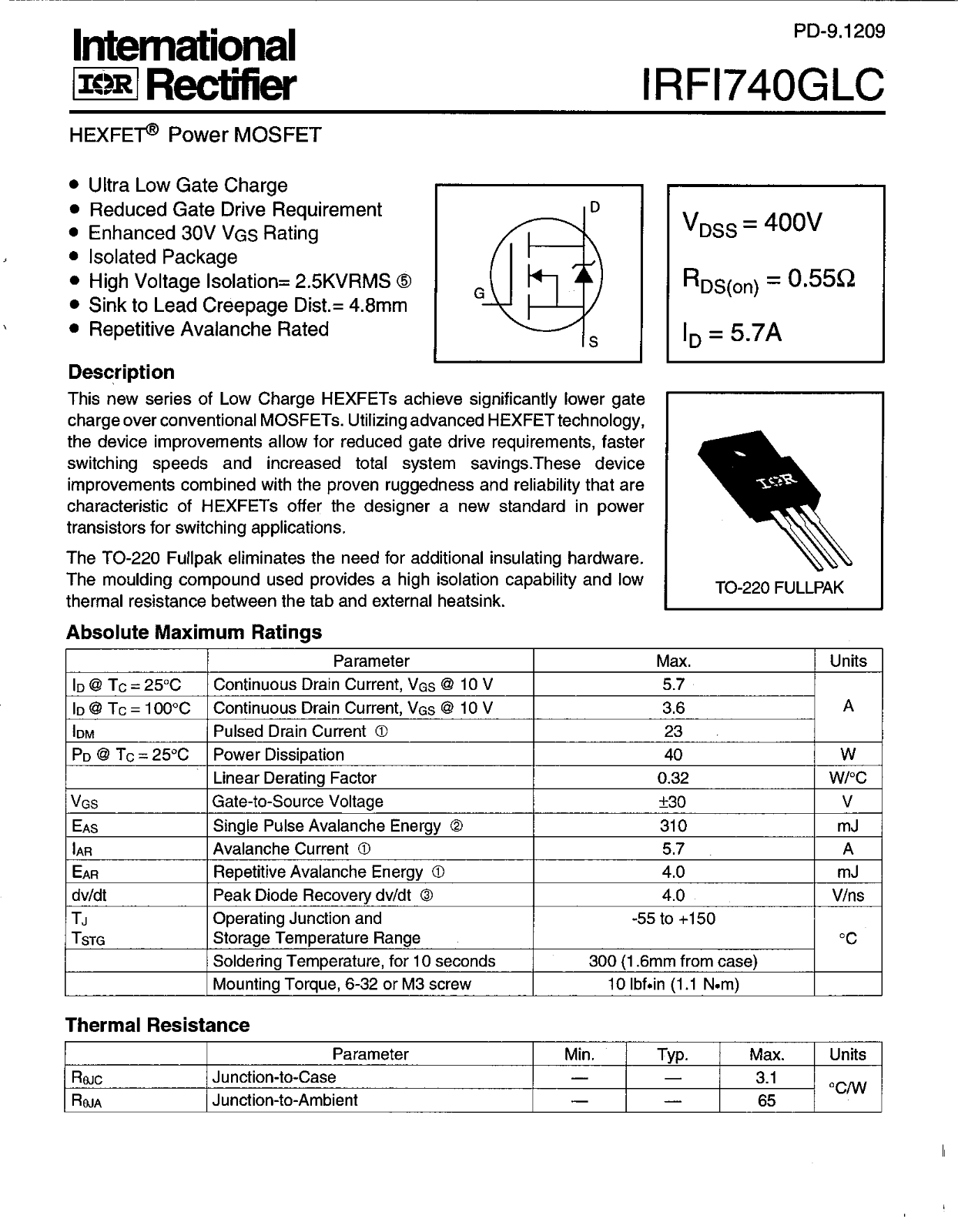 International Rectifier IRFI740GLC Datasheet