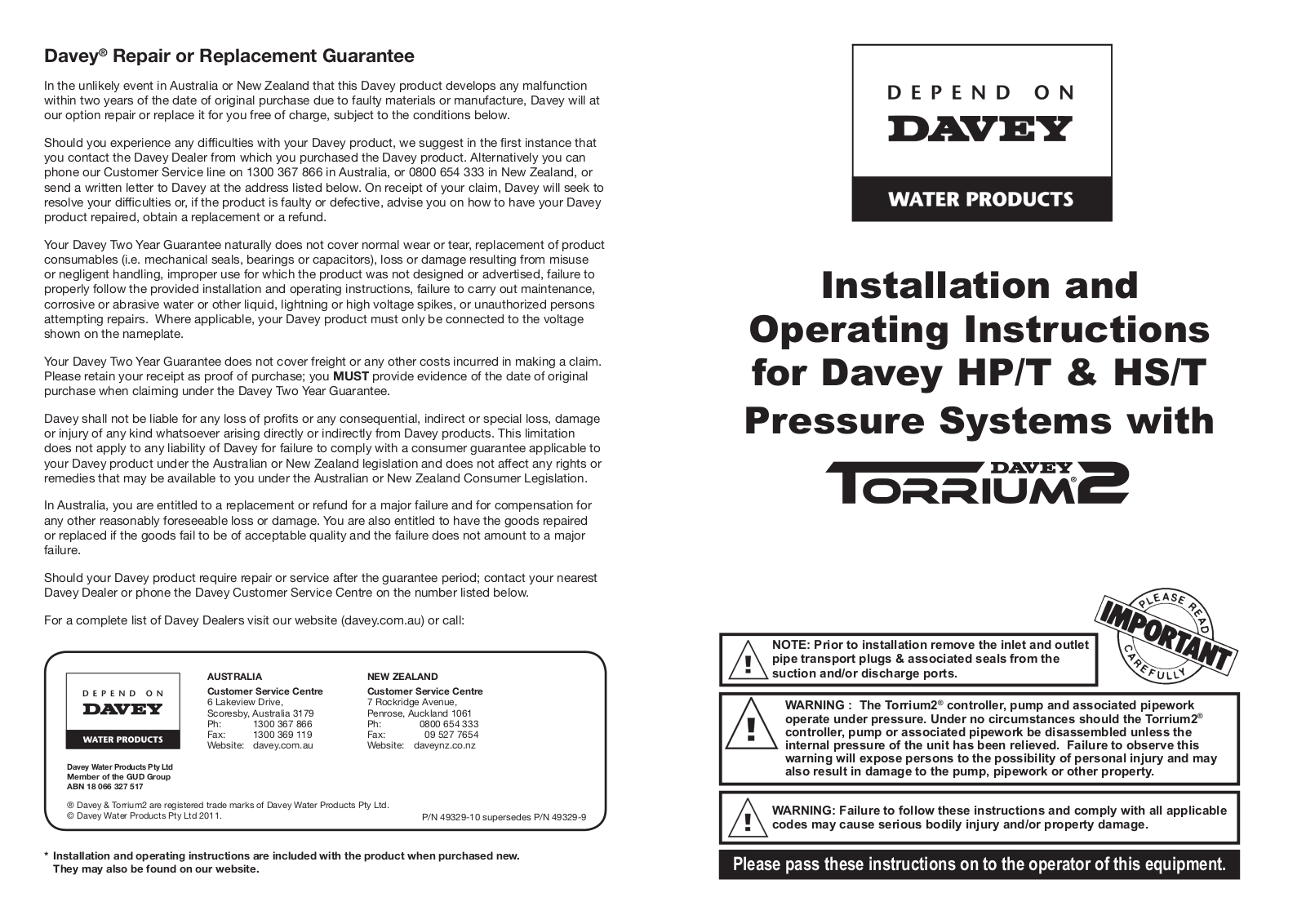 Davey HP-T, HS-T User Manual