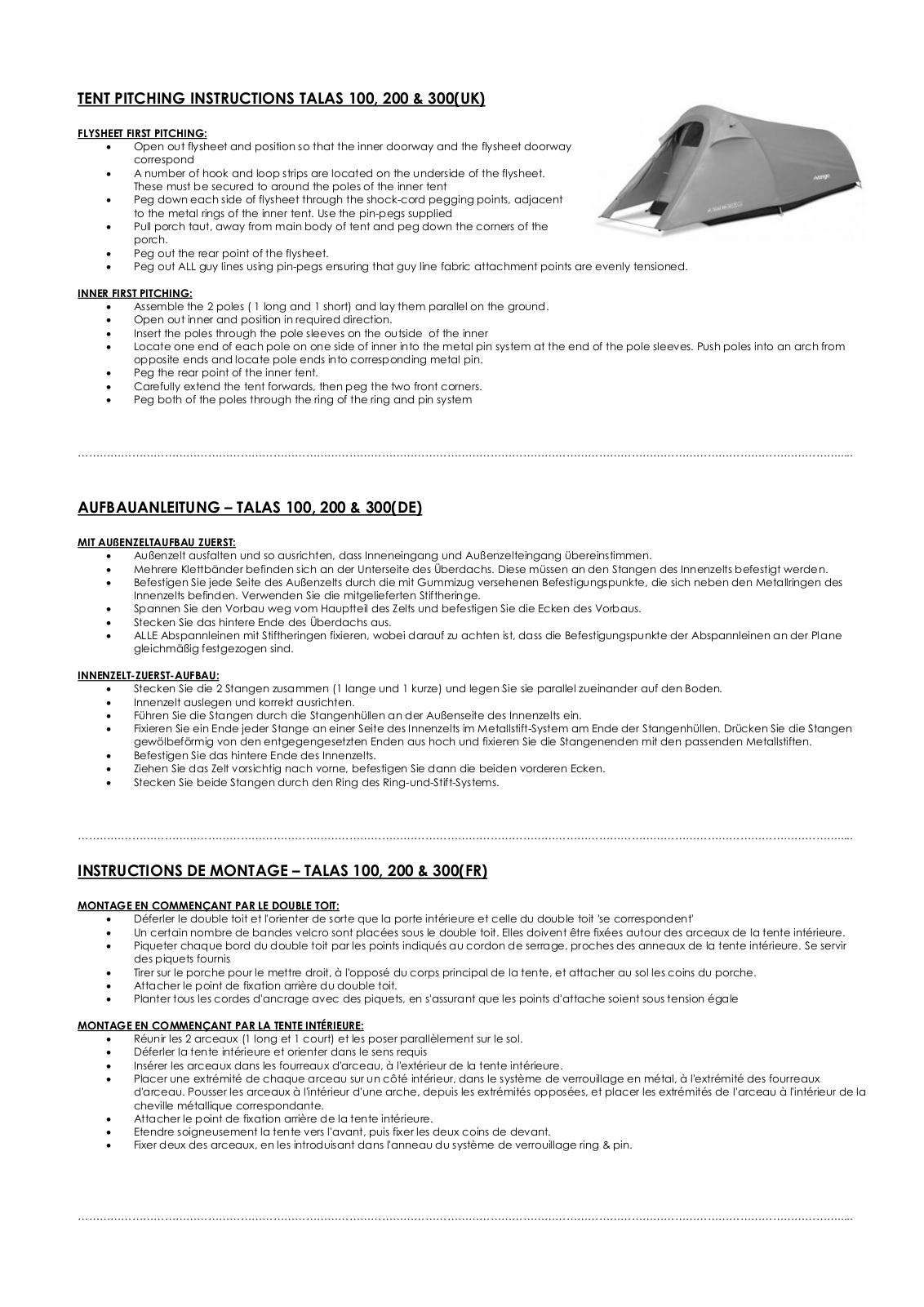 Vango Talas 200, Talas 300, Talas 100 User Manual