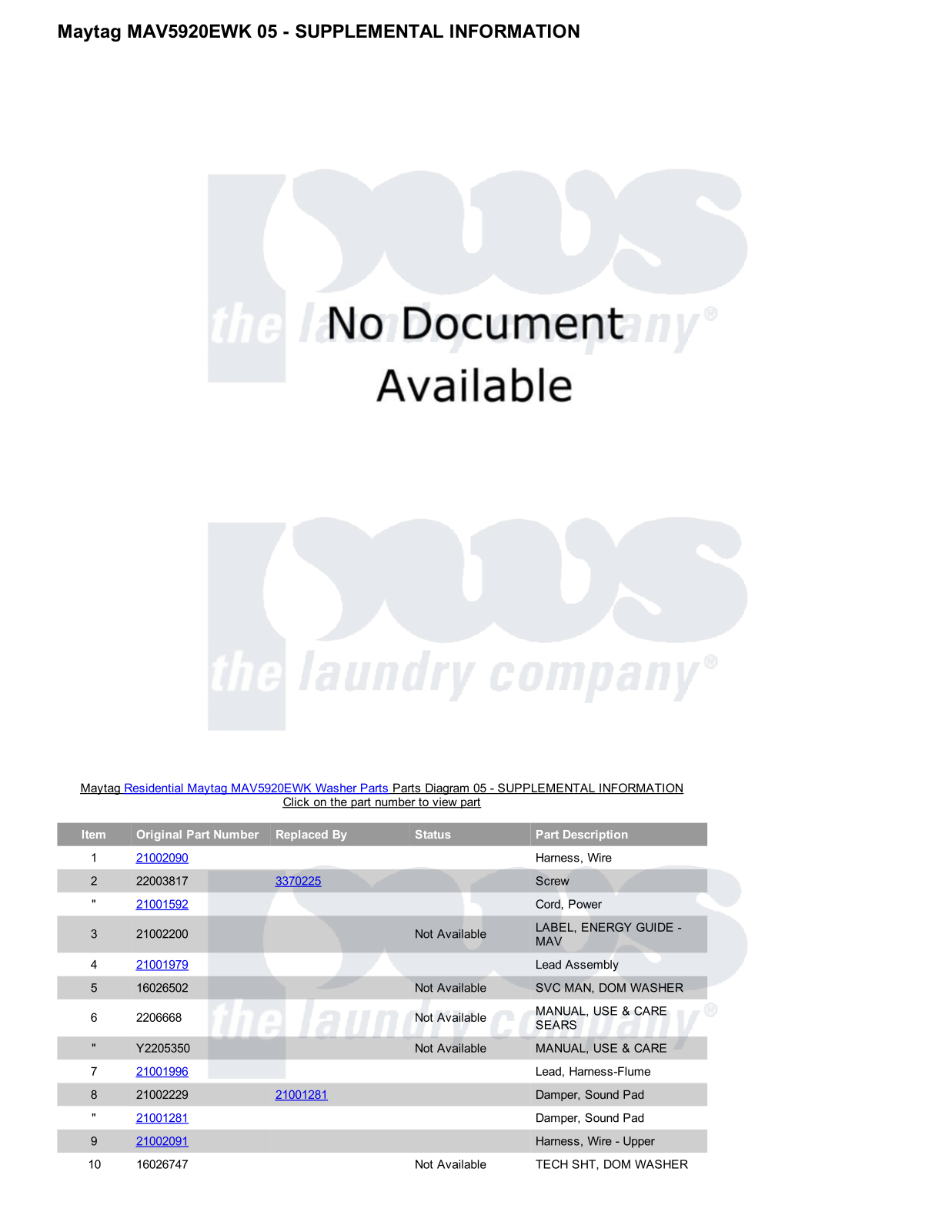 Maytag MAV5920EWK Parts Diagram