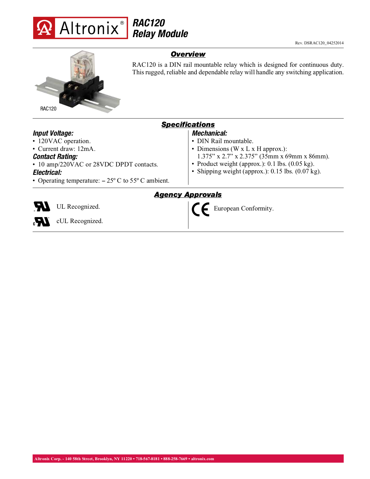 Altronix RAC120 Specsheet