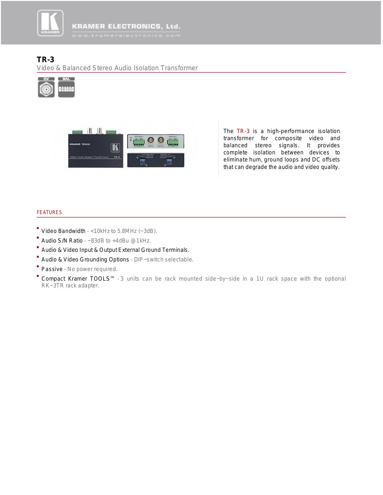 Kramer TR-3 Datasheet