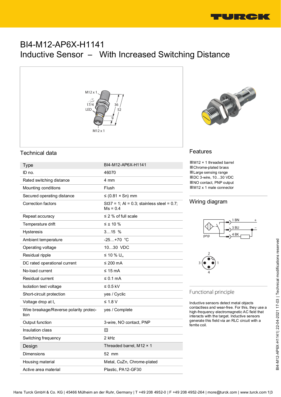 Turck BI4-M12-AP6X-H1141 Technical data