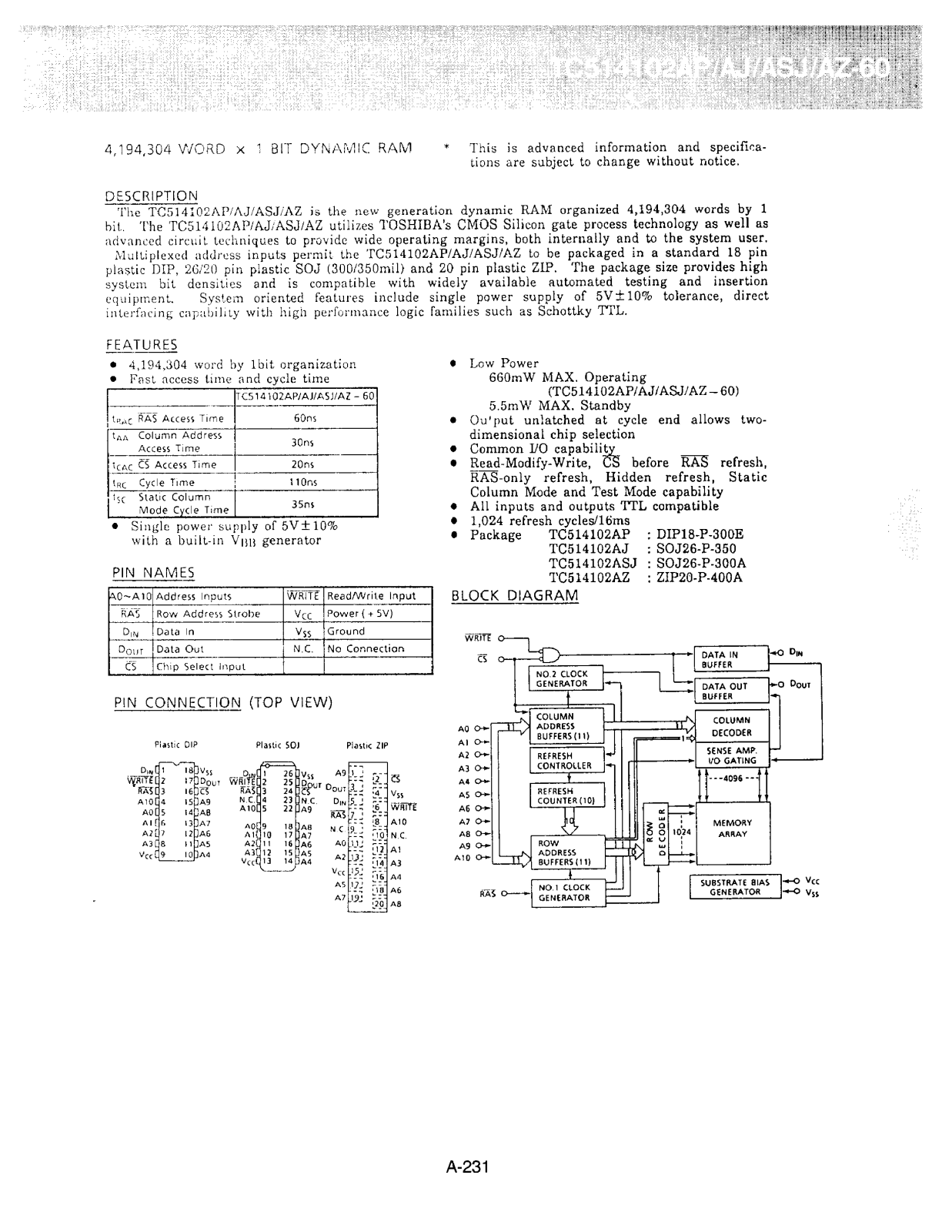 Toshiba TC514102AZ-60, TC514102AP-60, TC514102AJ-60 Datasheet