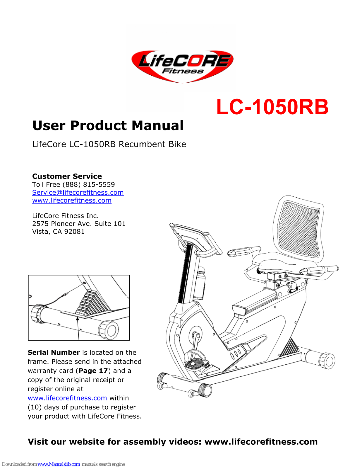 LifeCore Fitness LC-1050RB User's Product Manual