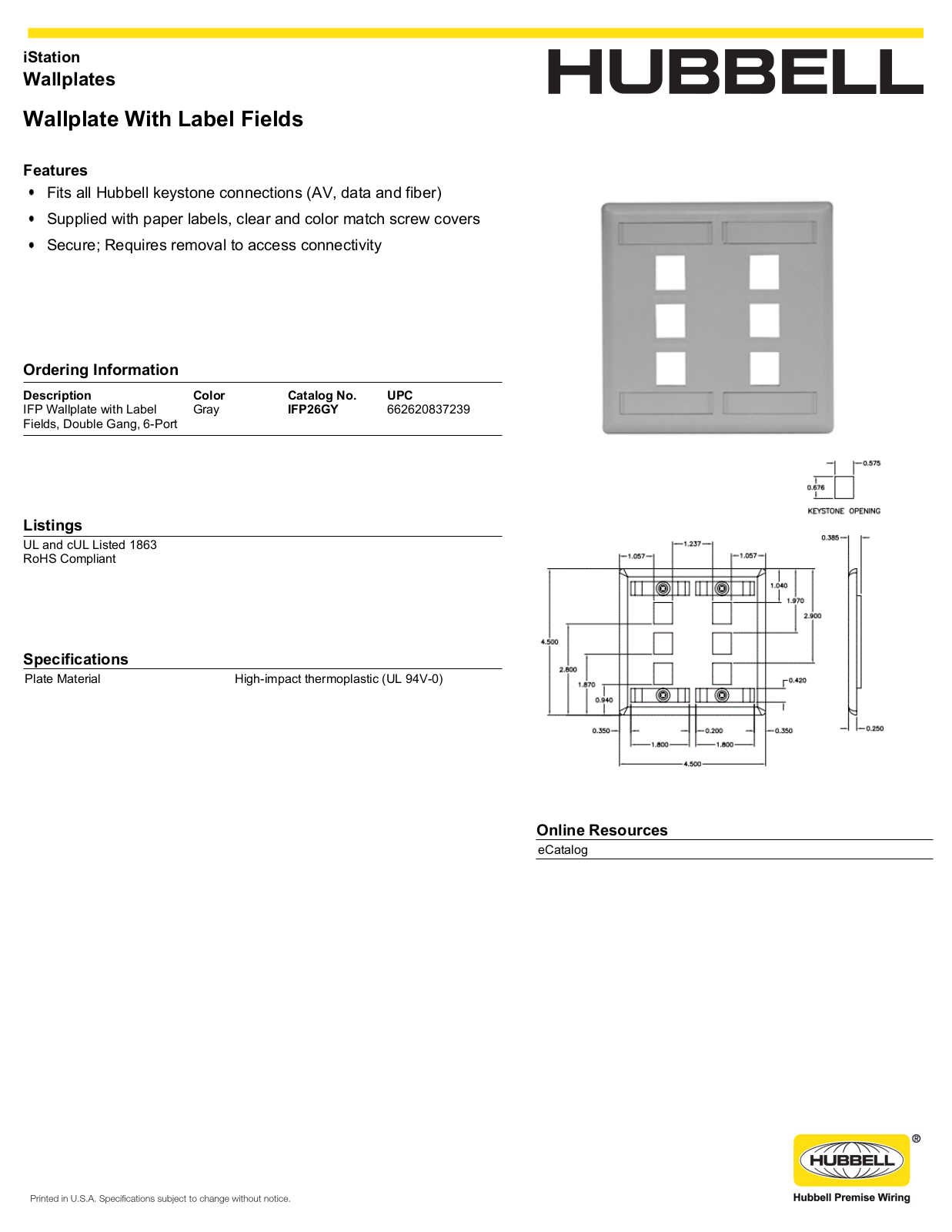 Hubbell IFP26GY Specifications