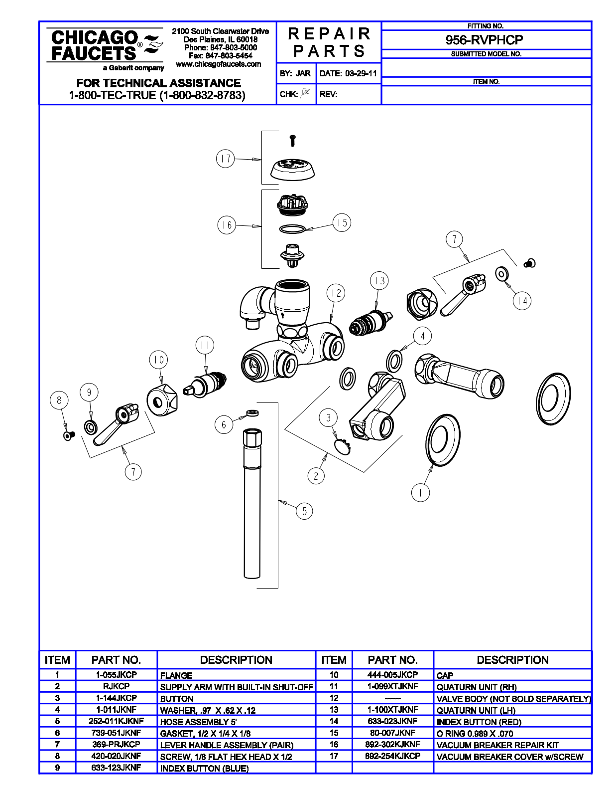 Chicago Faucet 956-RVPHCP Parts List