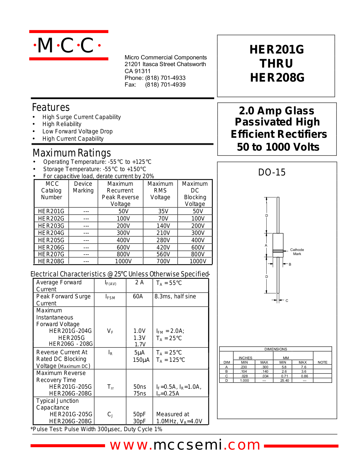 MCC HER207G, HER208G, HER206G, HER205G, HER204G Datasheet