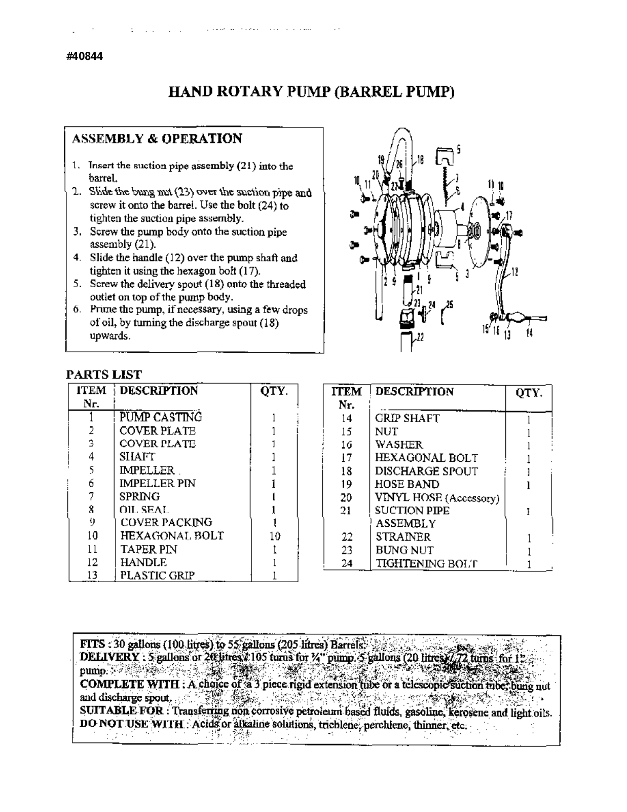 Harbor Freight Tools Dual Direction Diesel Barrel Pump Product manual