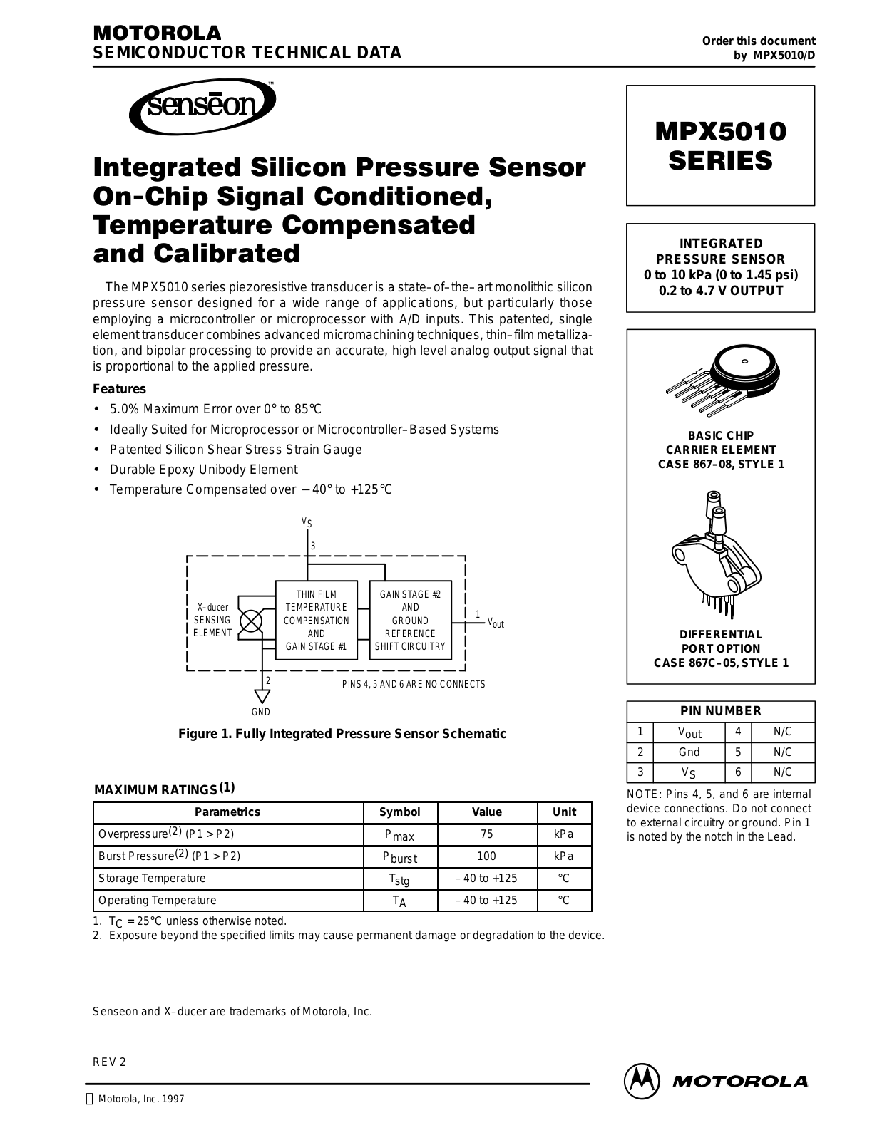 Motorola MPX5010GVP, MPX5010DP, MPX5010GP, MPX5010GS, MPX5010GVS Datasheet