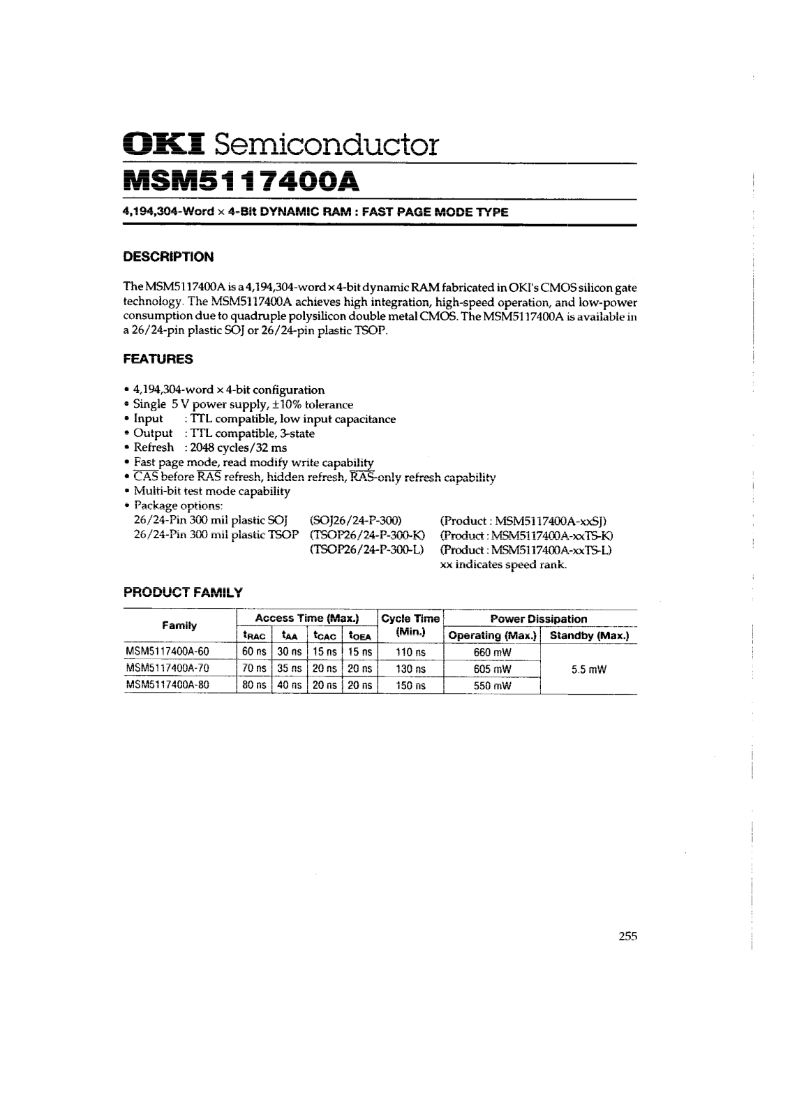 OKI MSM5117400A-80TS-L, MSM5117400A-80SJ, MSM5117400A-70TS-K, MSM5117400A-60TS-K, MSM5117400A-80TS-K Datasheet