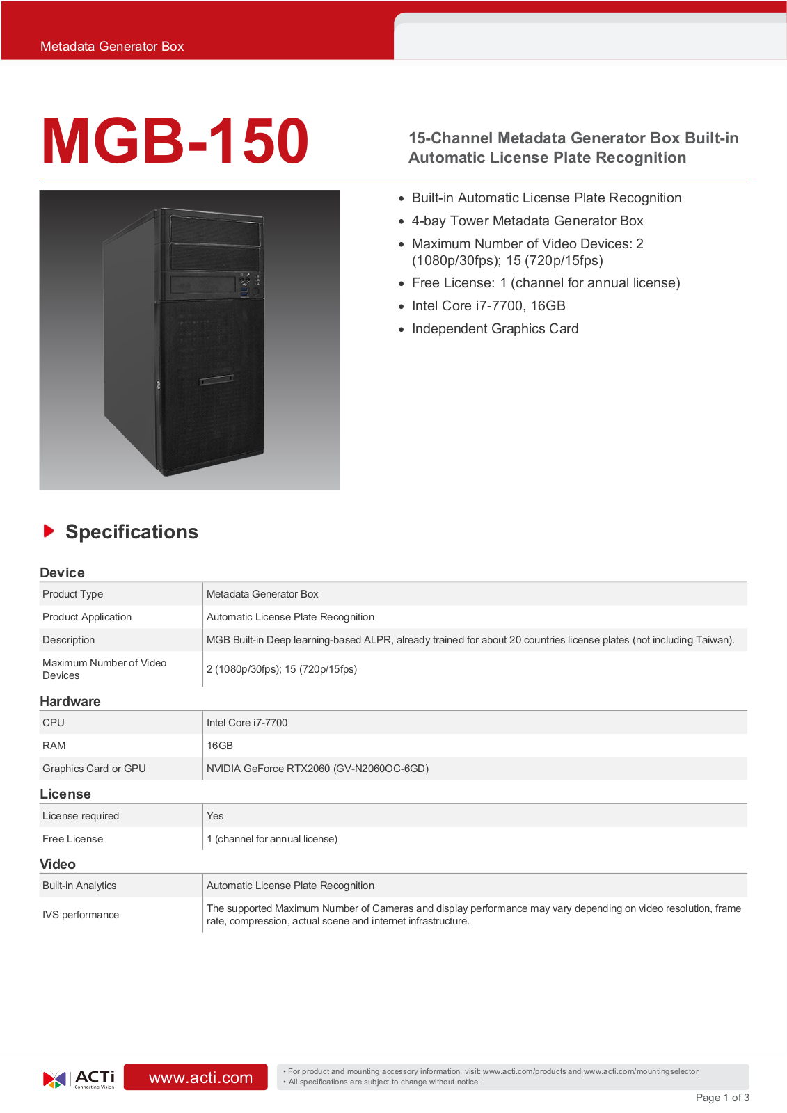 ACTi MGB-150 Specsheet