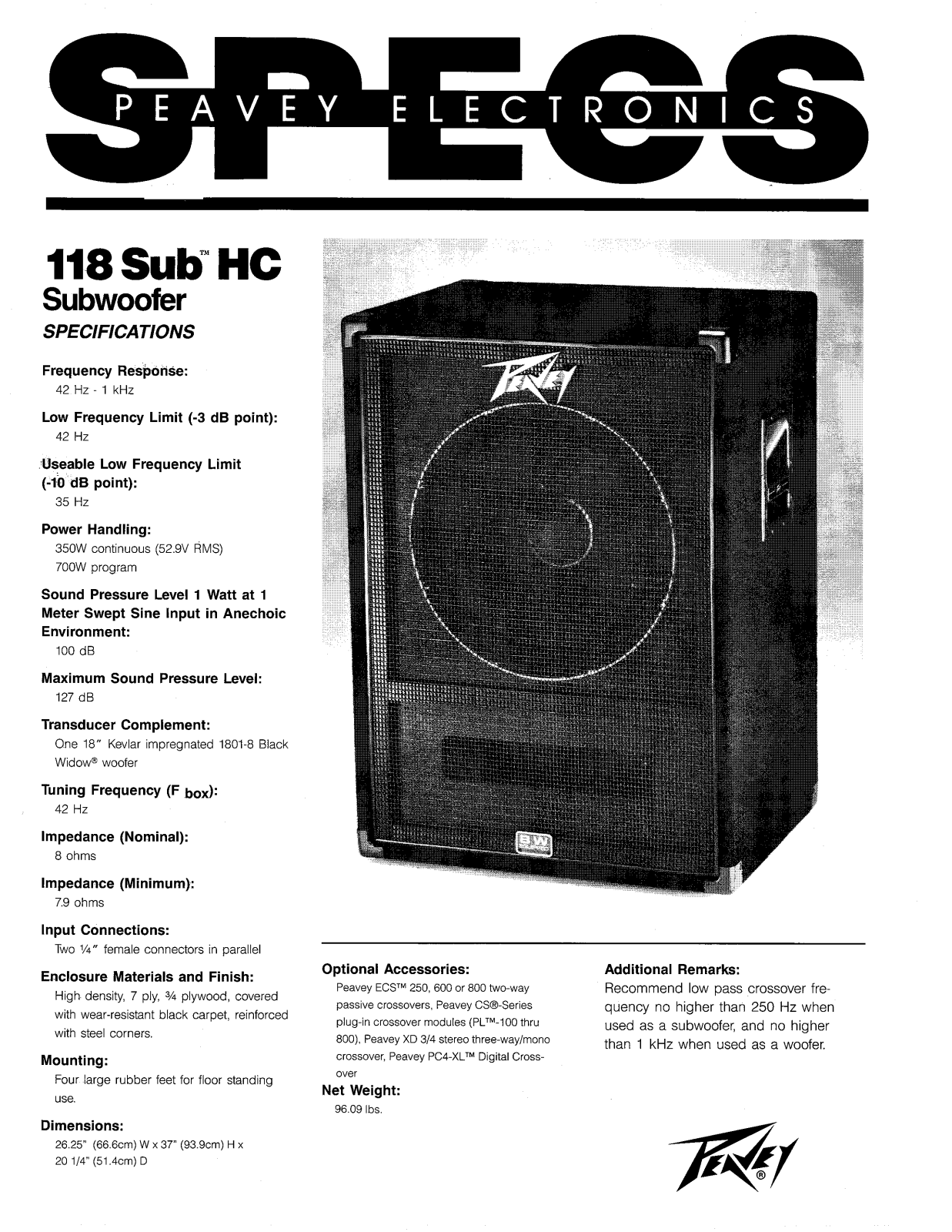 Peavey 118 Sub HC User Manual