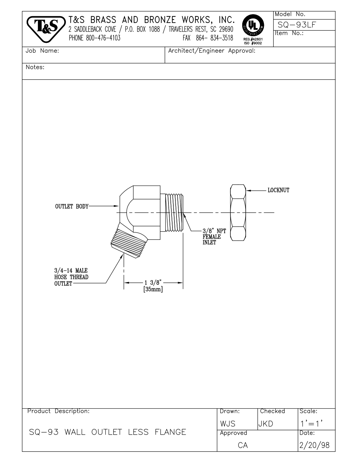 T&S Brass SQ-93LF User Manual