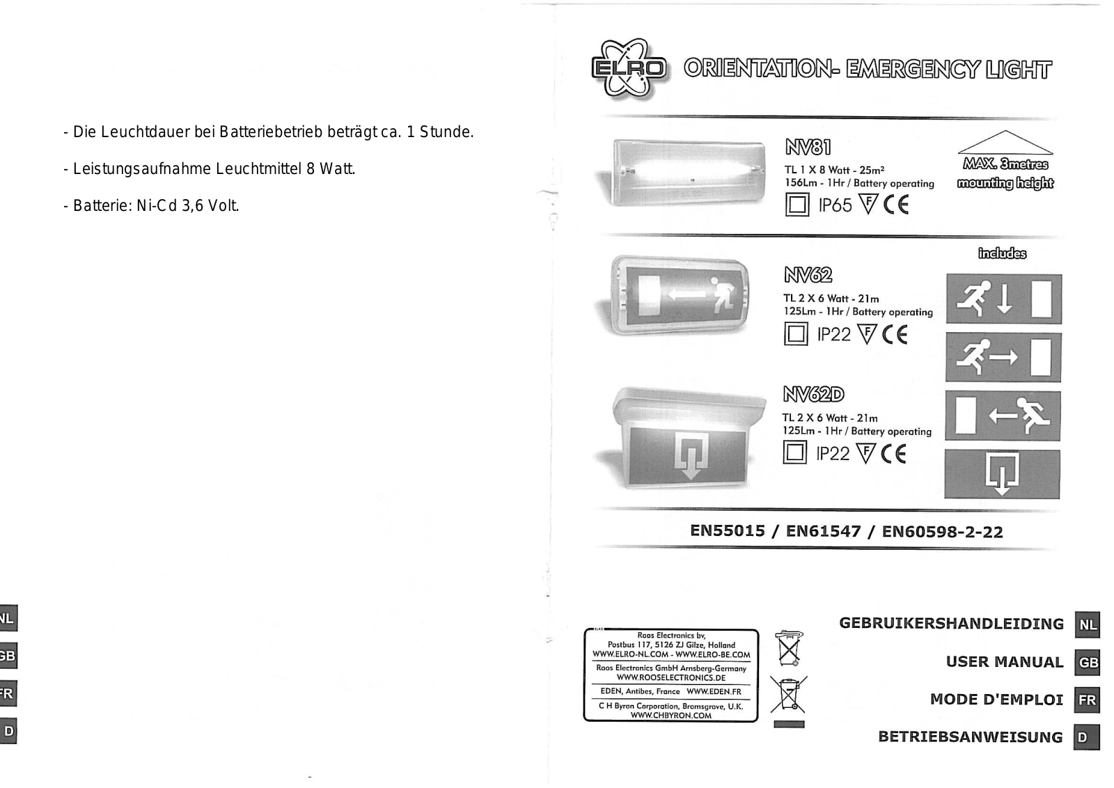 ELRO NV81, NV62, NV62D User manual