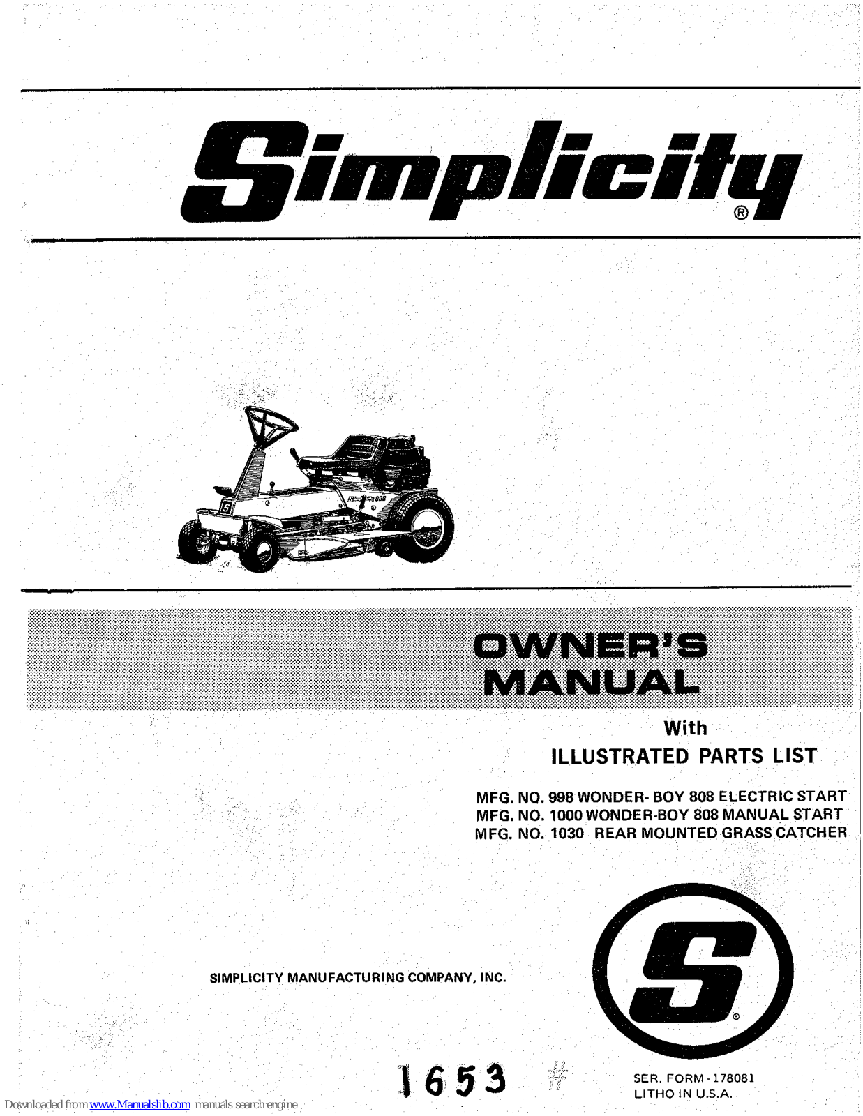 Simplicity 830, 998, Wonder-Boy 808 Owner's Manual And Parts List