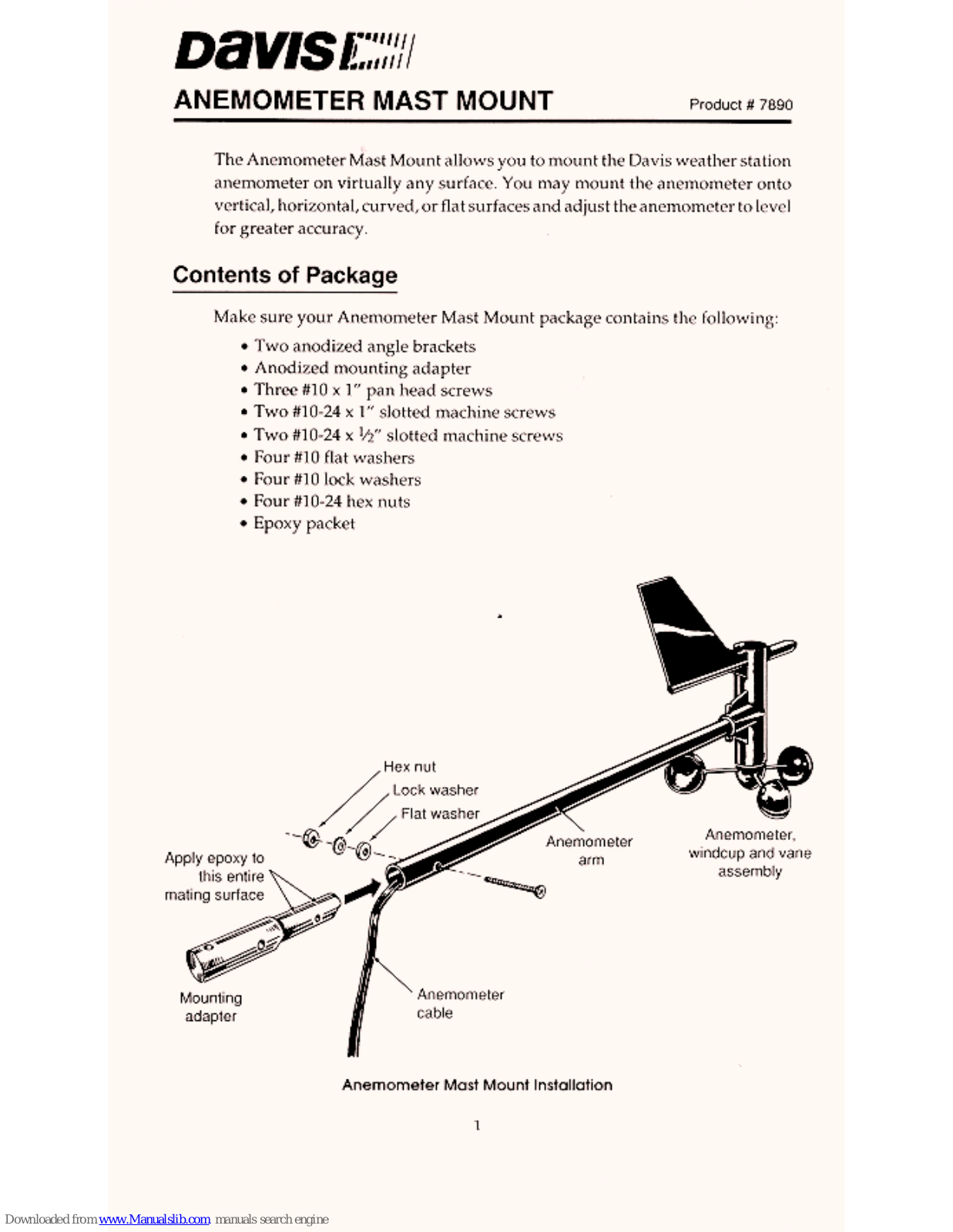 Davis Instruments Anemometer Mast Mount, 7890 Install Manual