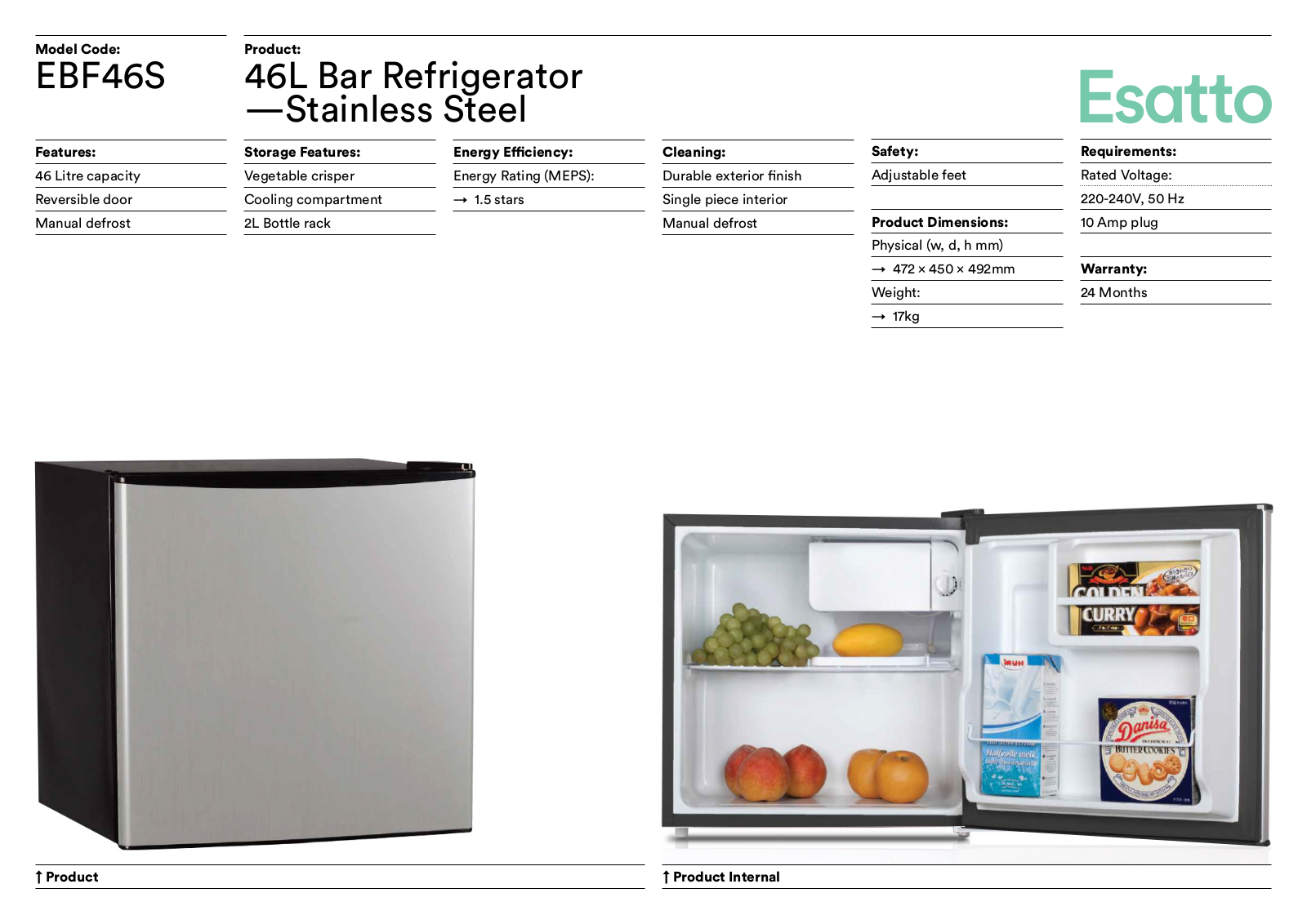Esatto EBF46S Specifications Sheet - ManualMachine.com
