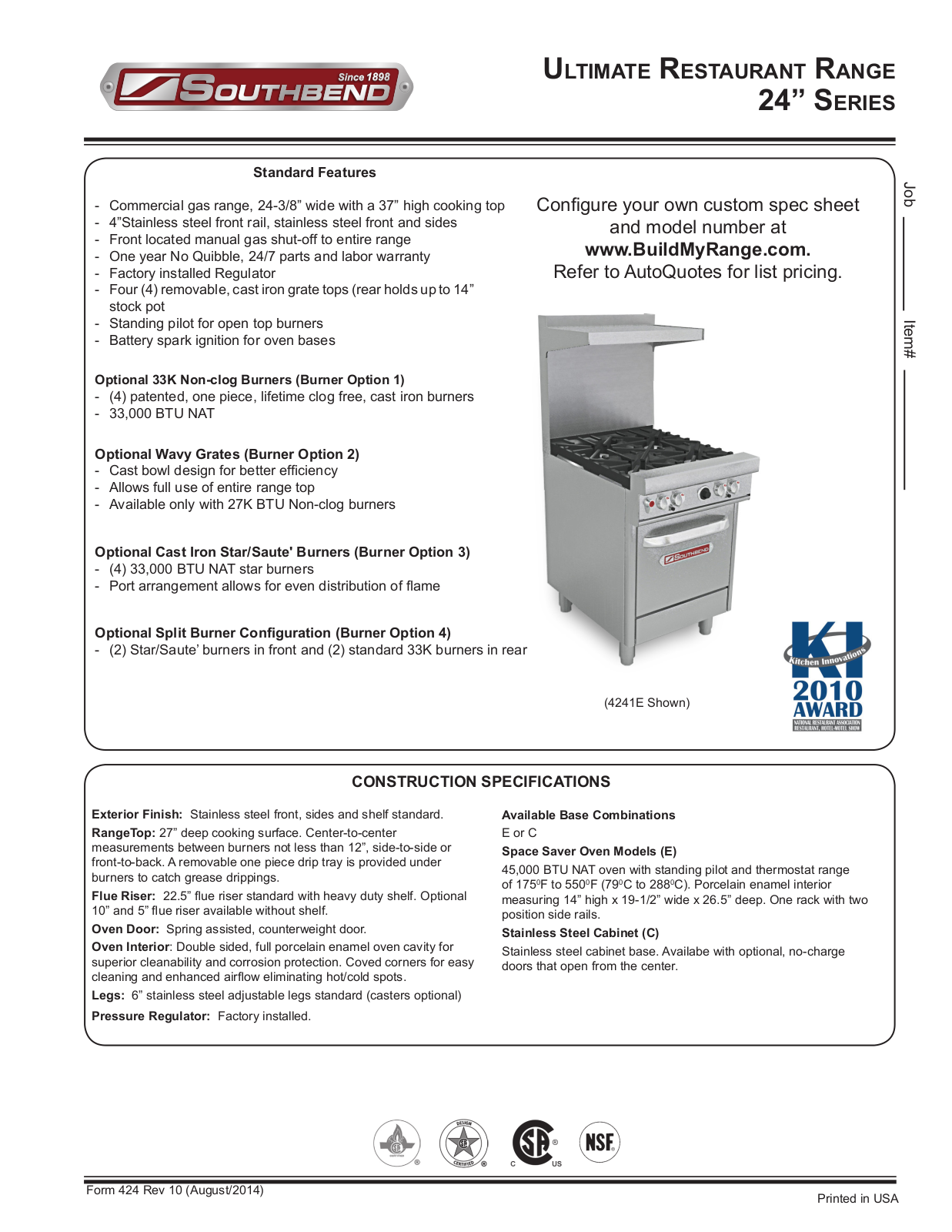 Southbend 4241C, 4243E, 4242E, 4244E Specifications