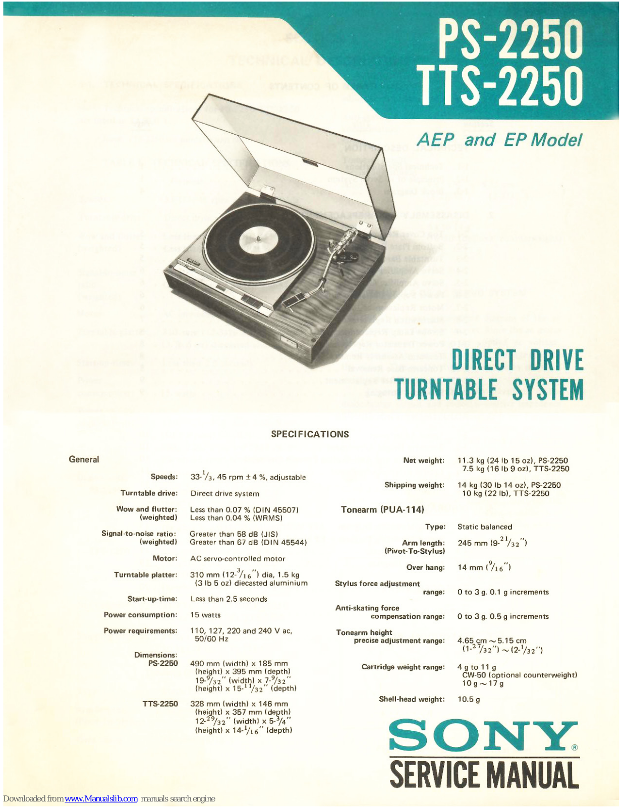 Sony PS-2250, TTS-2250 Service Manual