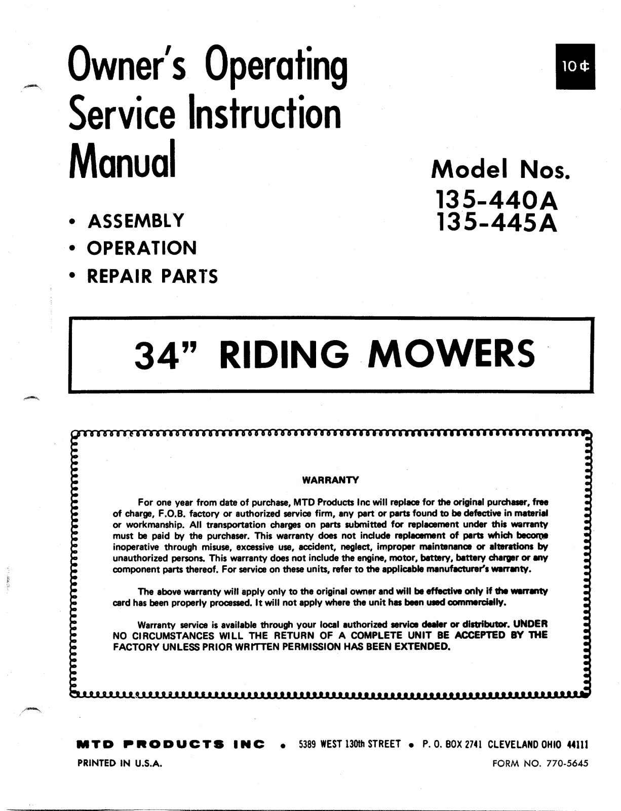 Mtd R80 service kit