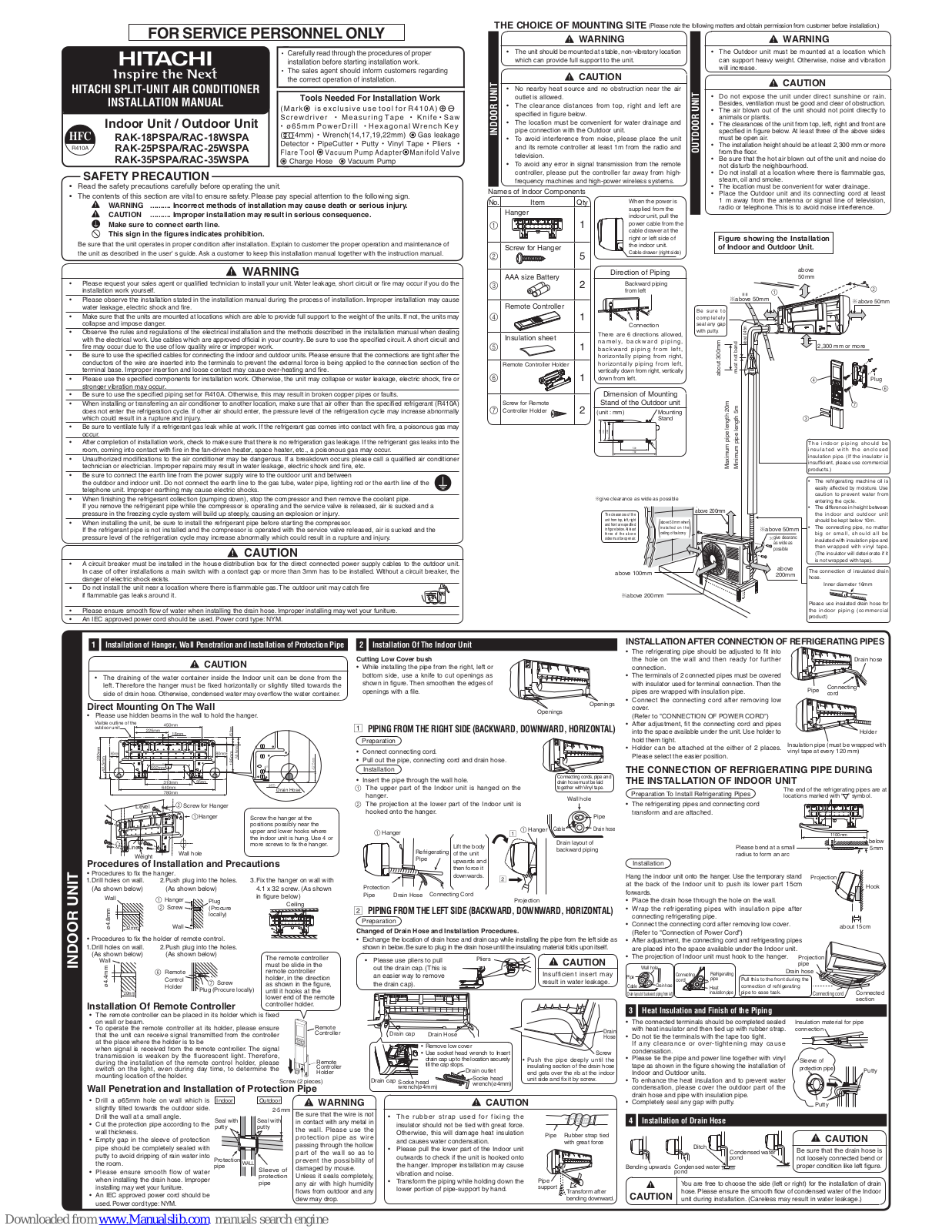 Hitachi RAK-18PSPA, RAC-18WSPA, RAK-25PSPA, RAC-25WSPA, RAK-35PSPA Installation Manual