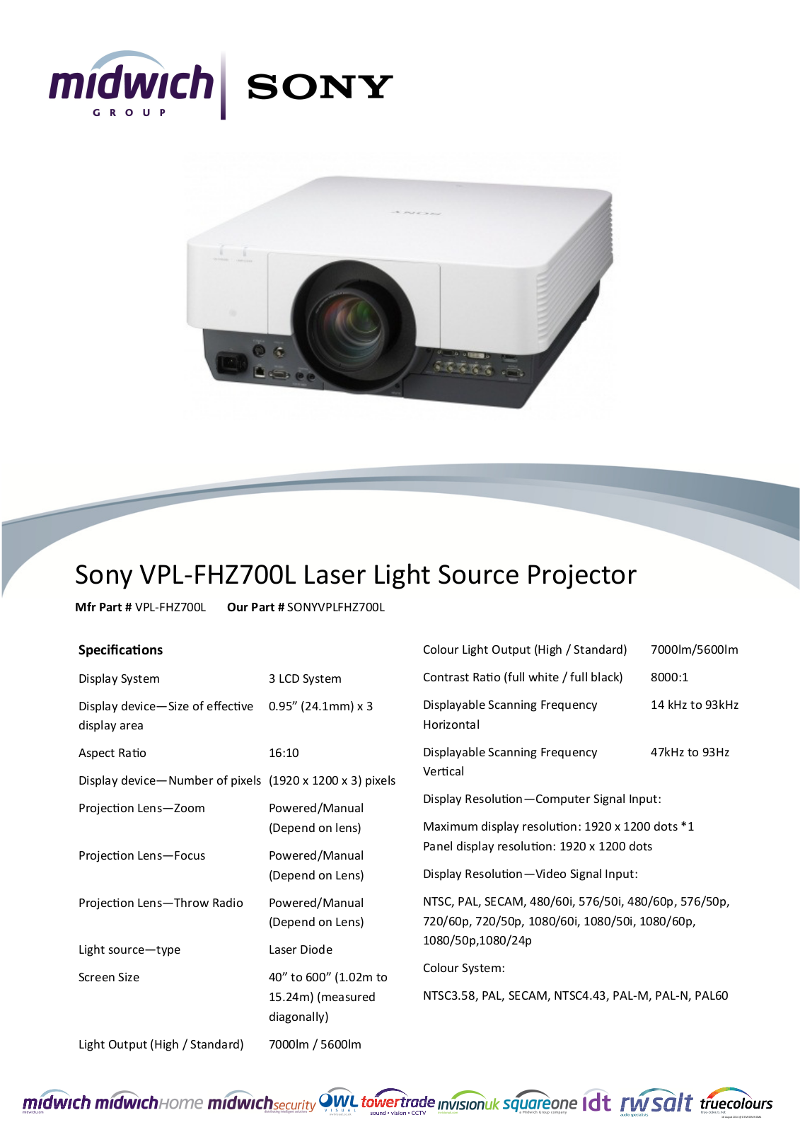 Sony VPL-FHZ700L Datasheet