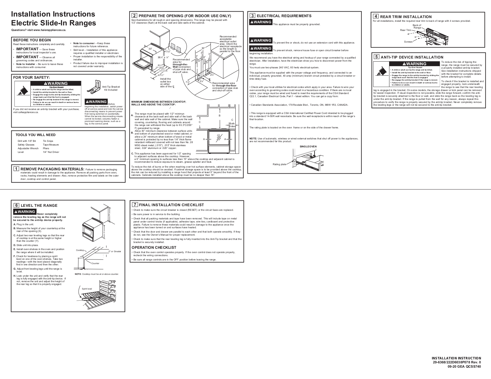 Haier QCSS740RNSS Installation Instructions