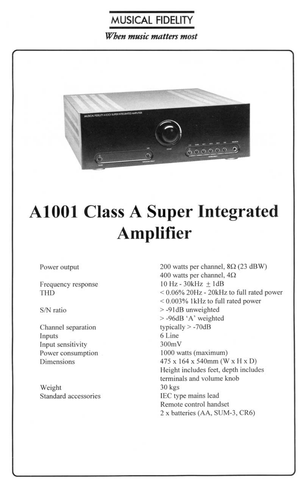 Musical Fidelity A-1001 Brochure