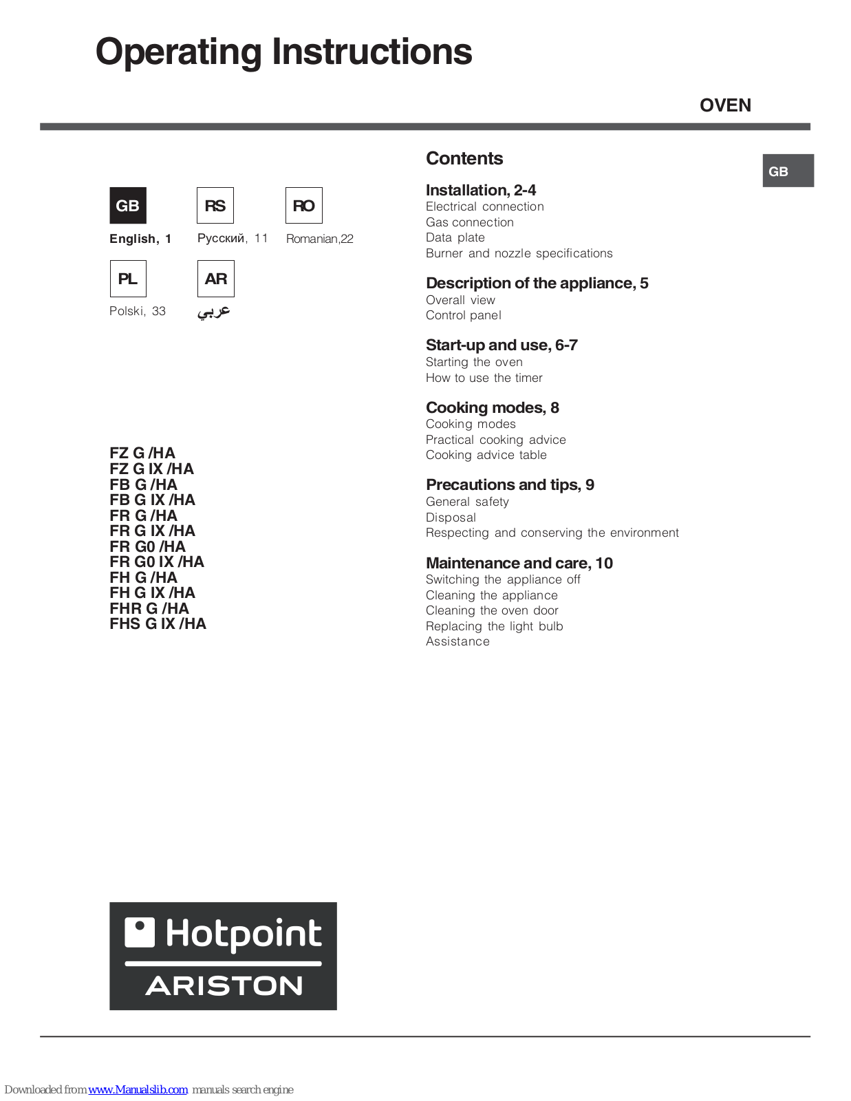 Hotpoint Ariston FB G /HA, FR G /HA, FR G IX/HA, FR G0 IX /HA, FZ G IX /HA Operating Instructions Manual