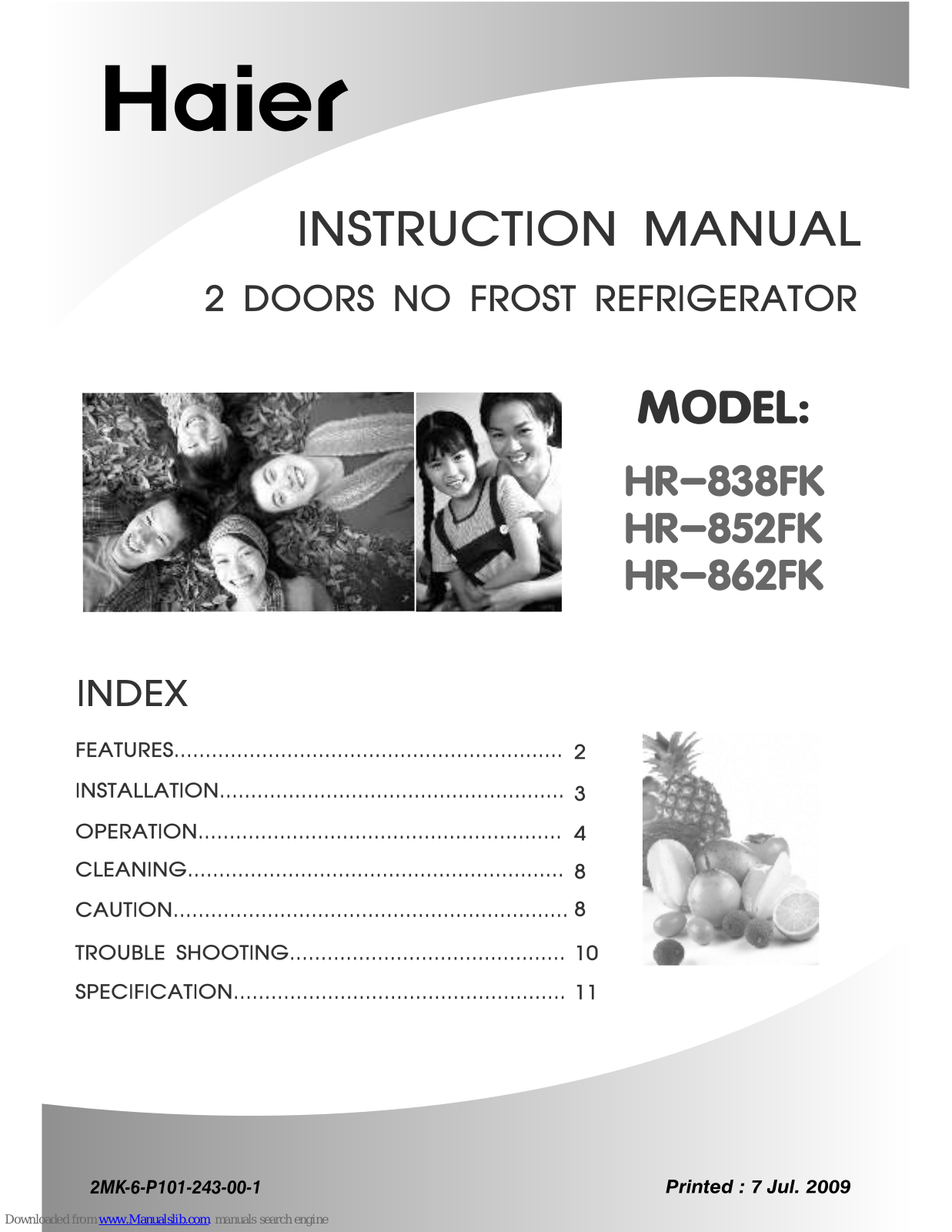 Haier HR-838FK, HR-852FK, HR-862FK User Manual