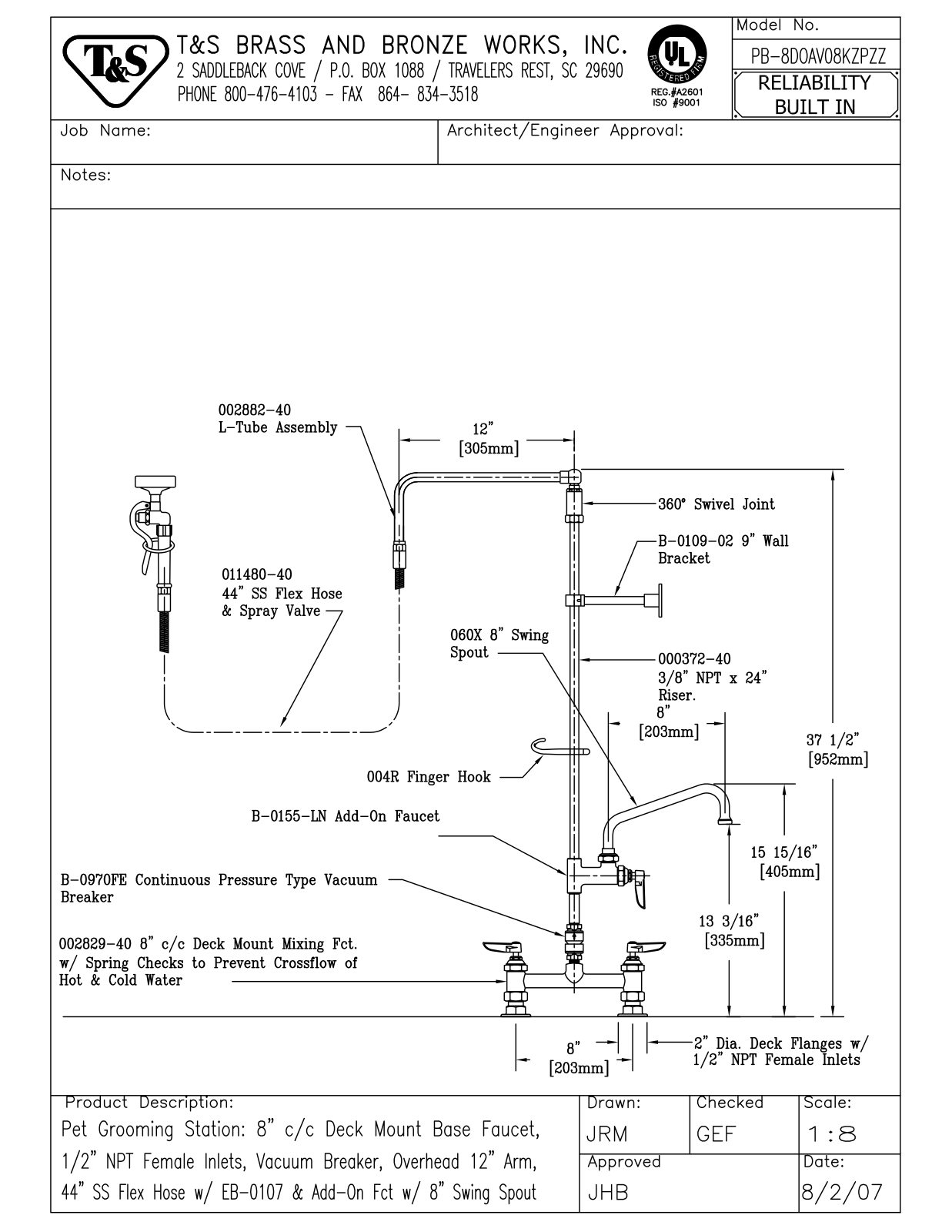 T&S Brass PB-8DOAV08KZPZZ User Manual