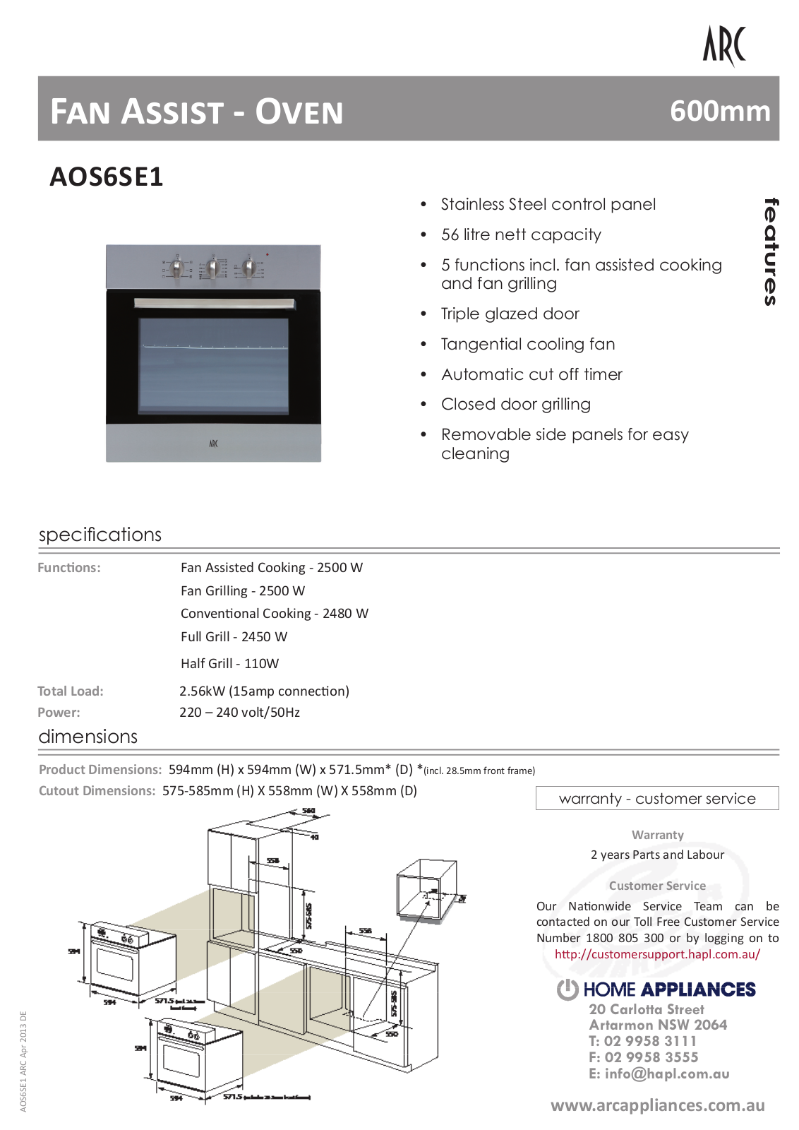 Arc AOS6SE1 Specifications Sheet