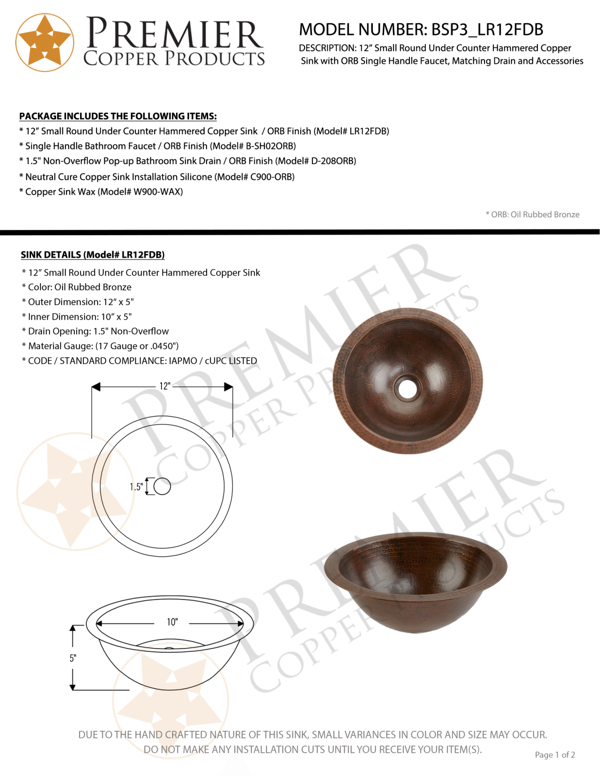 Premier Copper Products IER1627 Specifications - ManualMachine.com