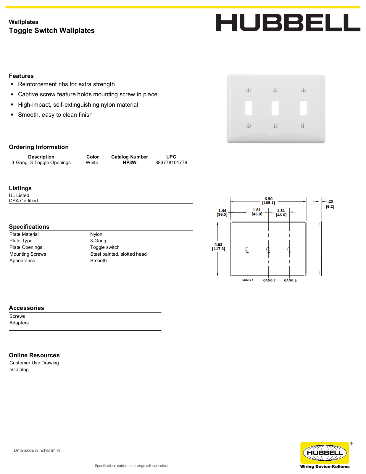 Hubbell NP3OW Specifications