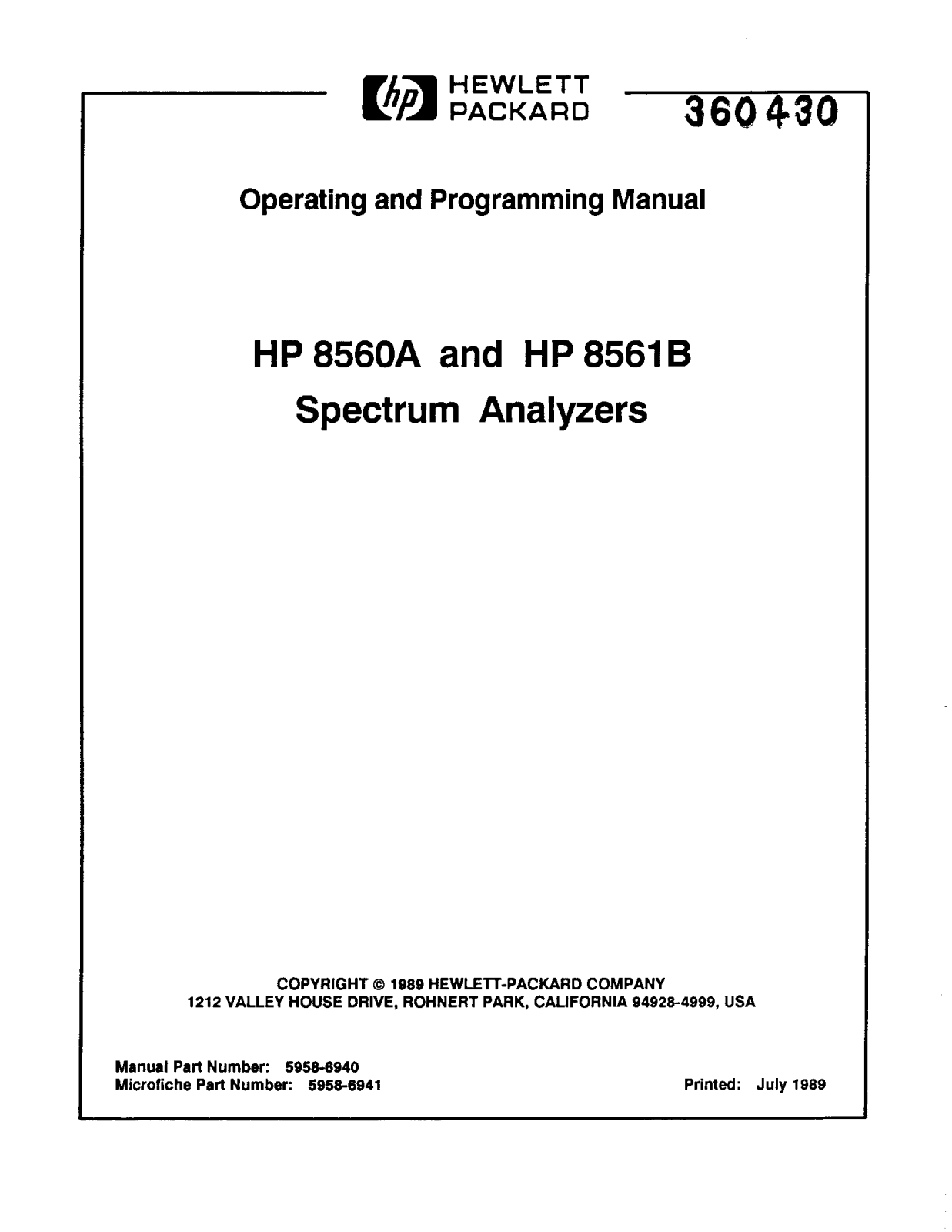 HP 8561B, 8560A User Manual