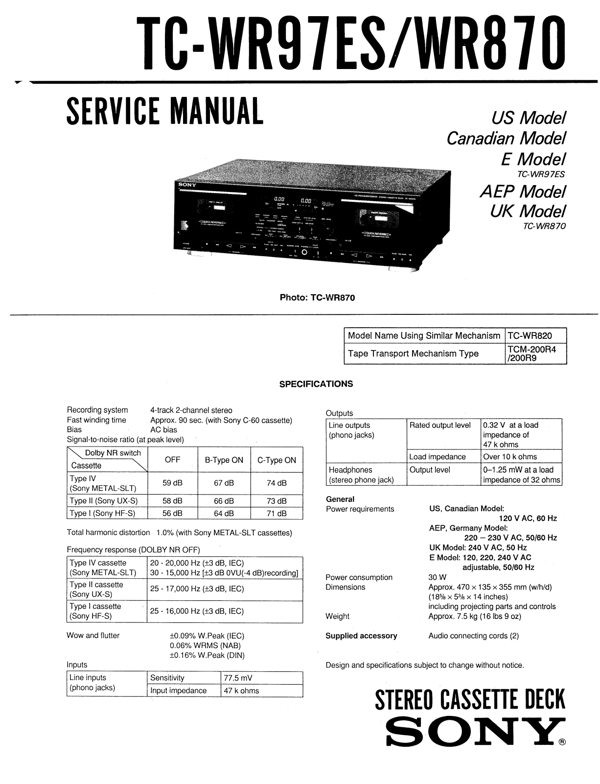 Sony TC-WR97ES, TC-WR870 Schematic