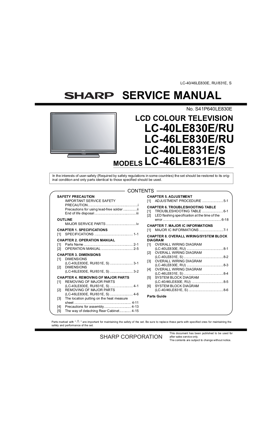 SHARP LC-40LE830RU, LC-46LE830RU, LC-40LE831S, LC-46LE831S, LC-40LE830E Service Manual