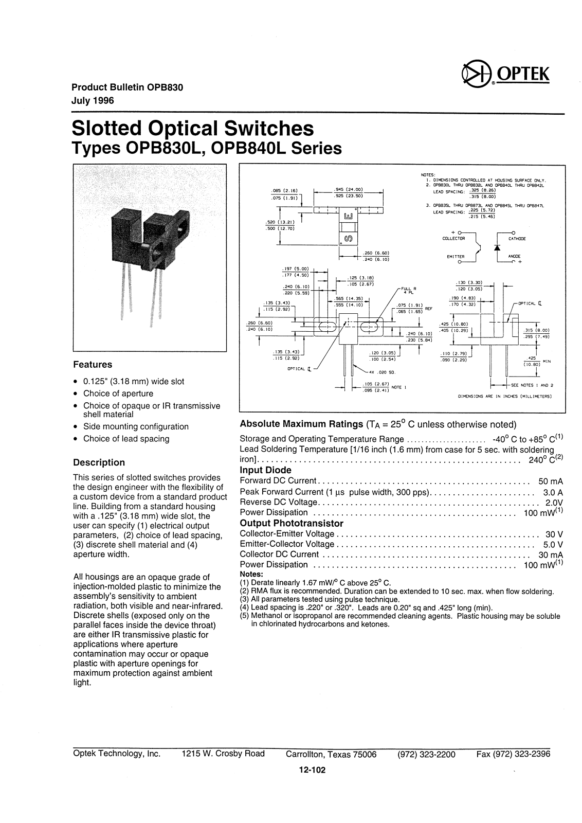 OPTEK OPB847L55, OPB830L11, OPB830L51, OPB830W15, OPB830W51 Datasheet