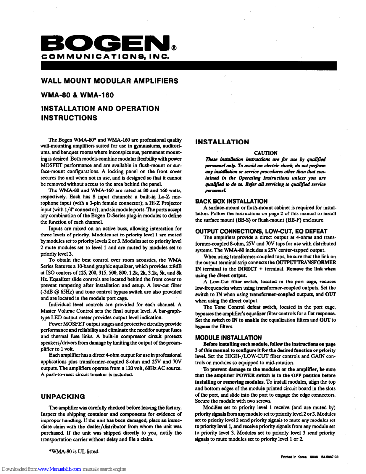 Bogen WMA80, WMA-160 Installation And Operation Instructions Manual