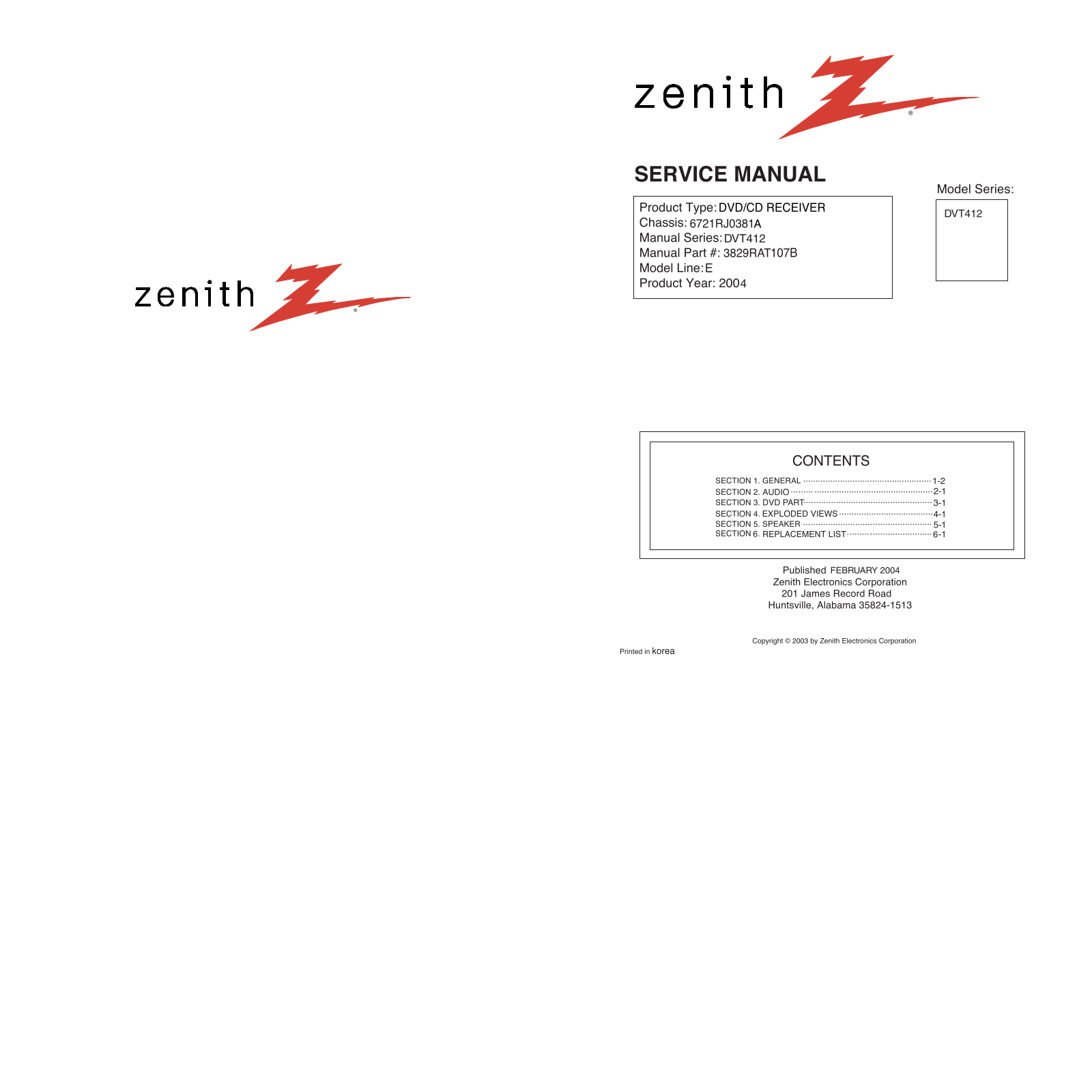 Zenith DVT-412 Service manual