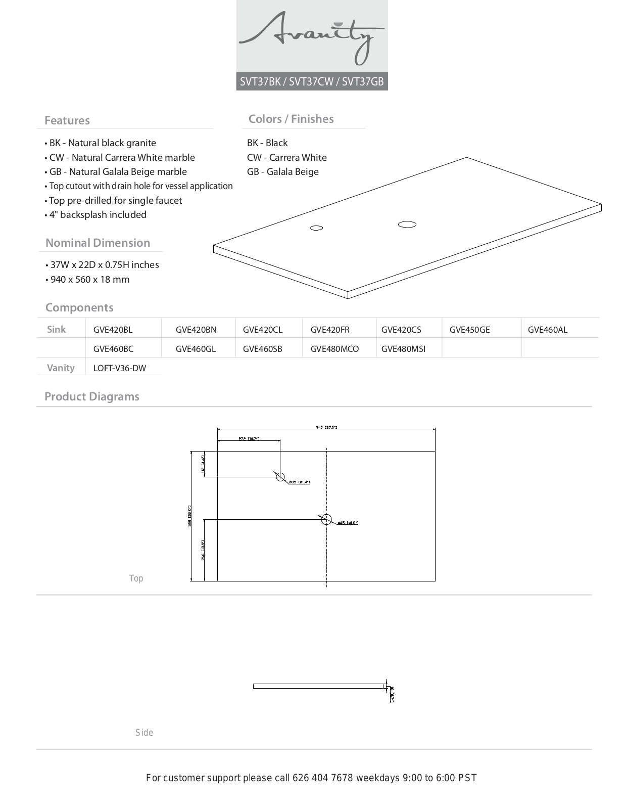 Avanity SVT37CW Specifications