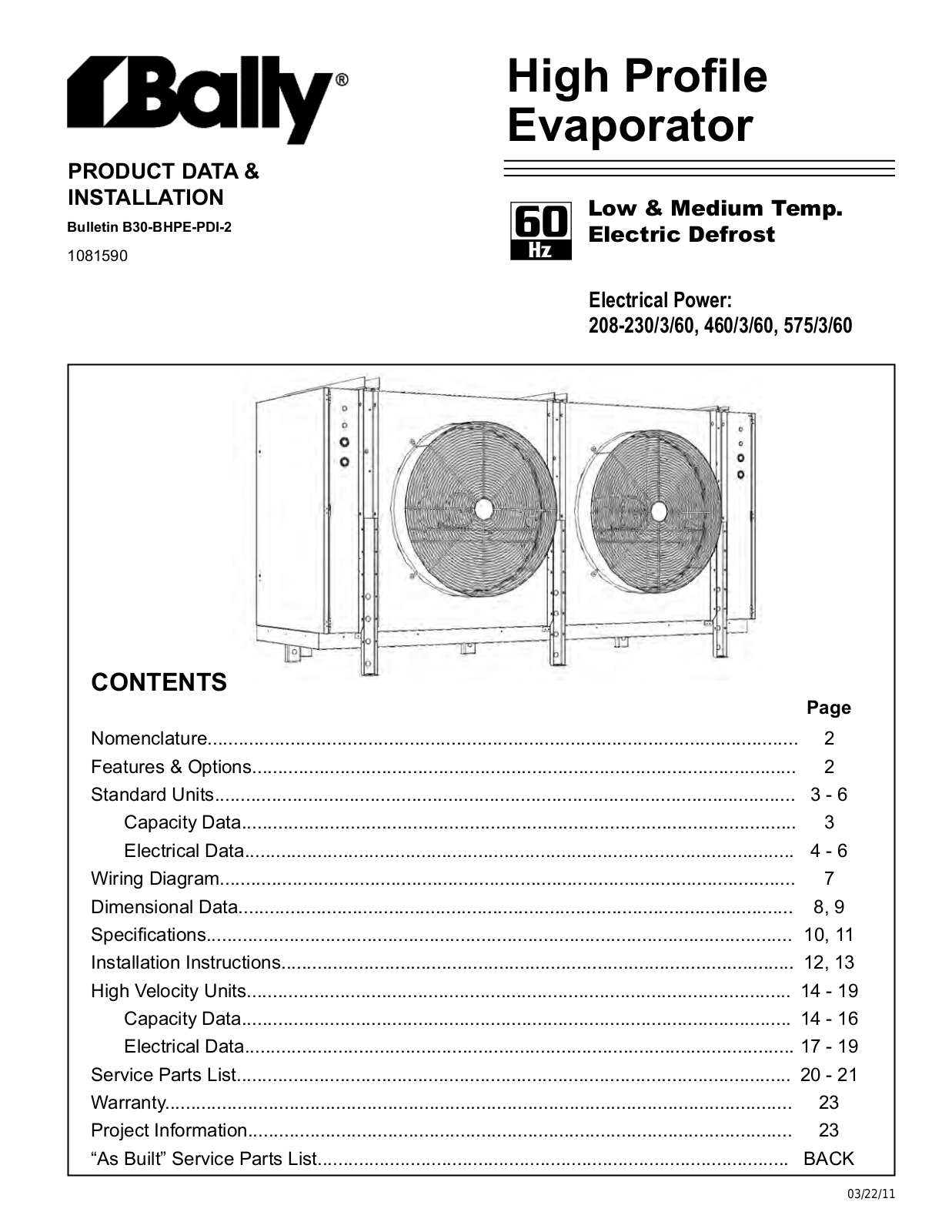 Bally Refrigerated Boxes, Inc. BHP055VE-T4A Installation Manual