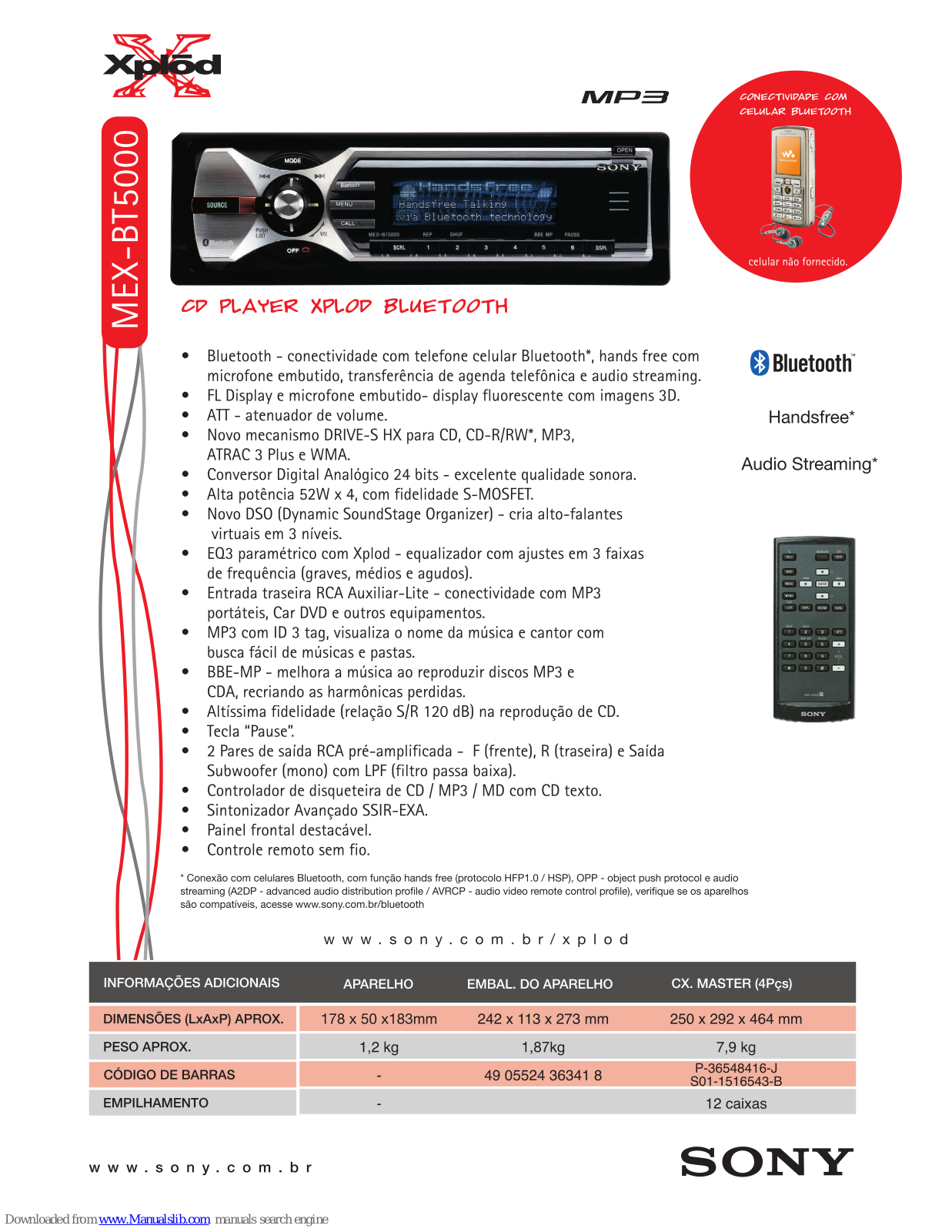 Sony XPlod MEX-BT5000 Specifications