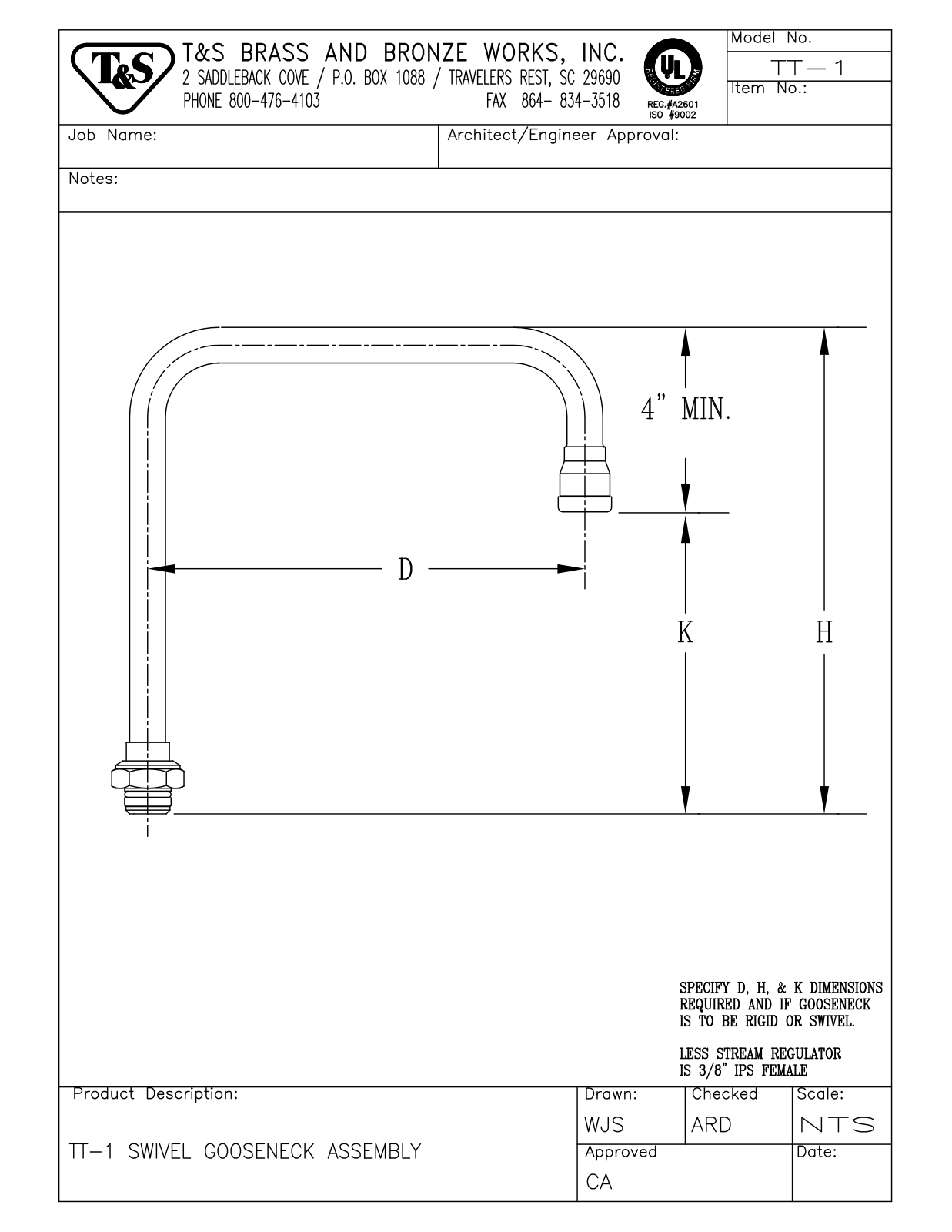 T&S Brass TT-1 User Manual